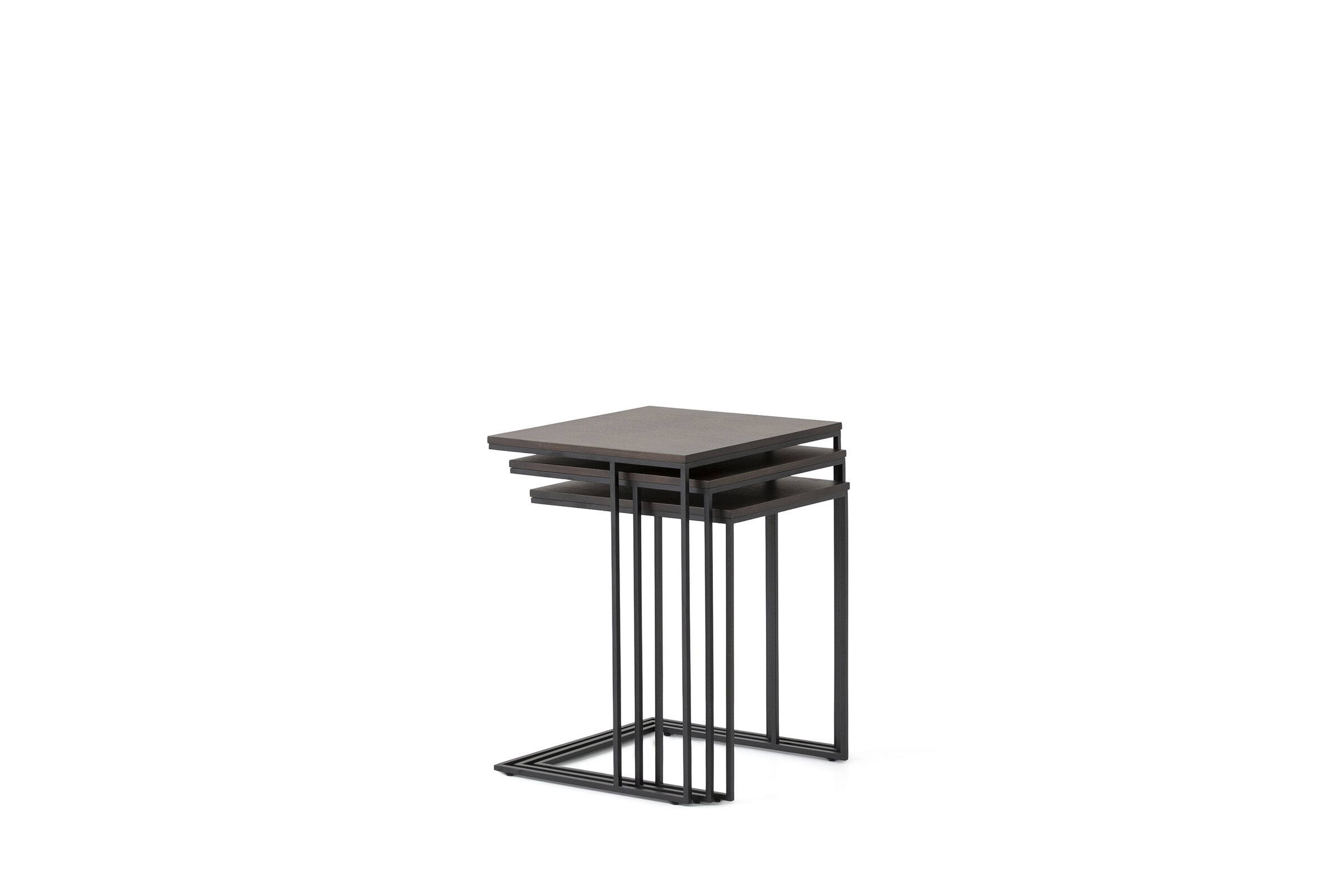 Set of three modern nesting tables with black metal frames and wooden tops, ideal for contemporary living spaces.
