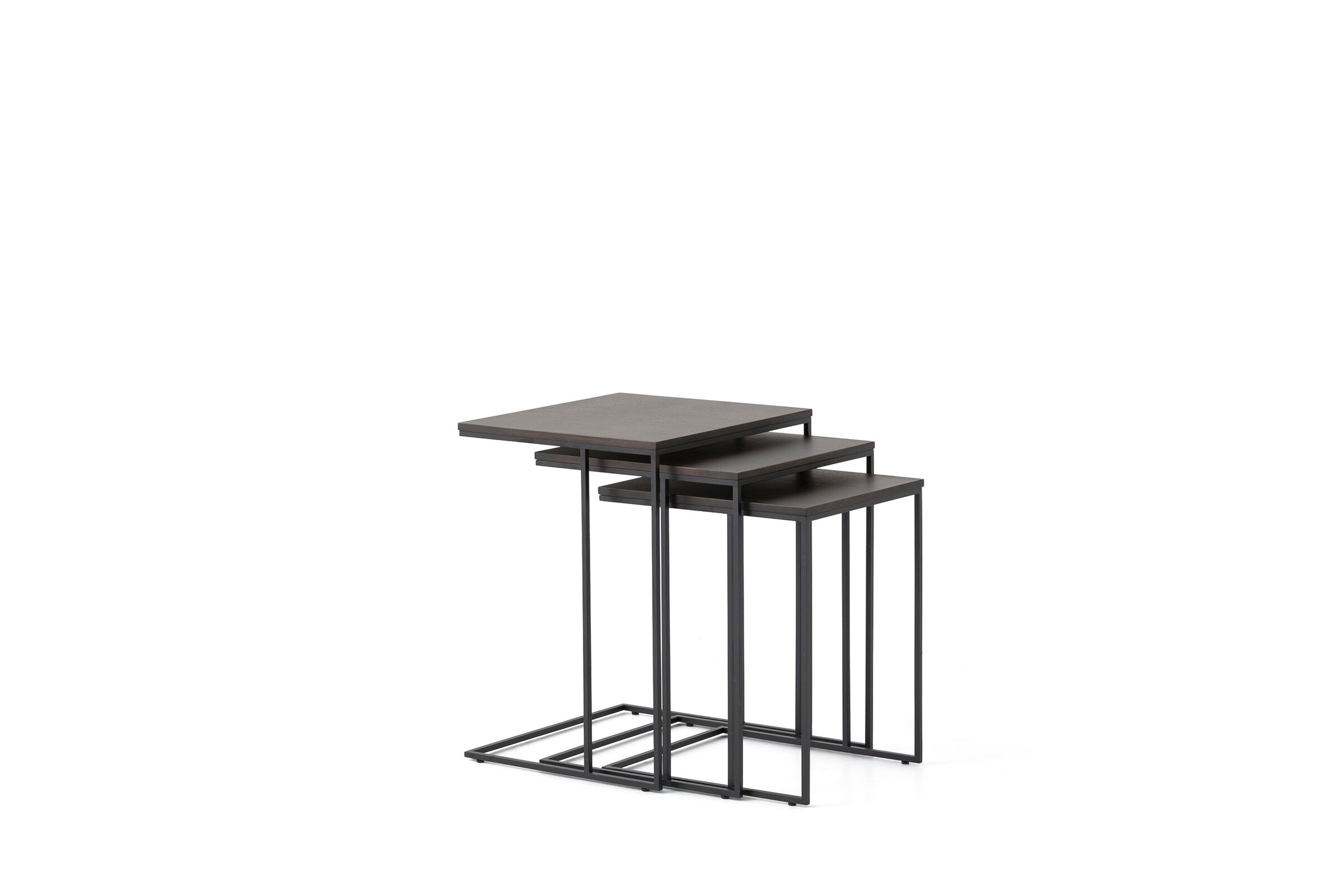 Set of three modern nesting tables with wooden tops and black metal frames, ideal for contemporary living spaces.