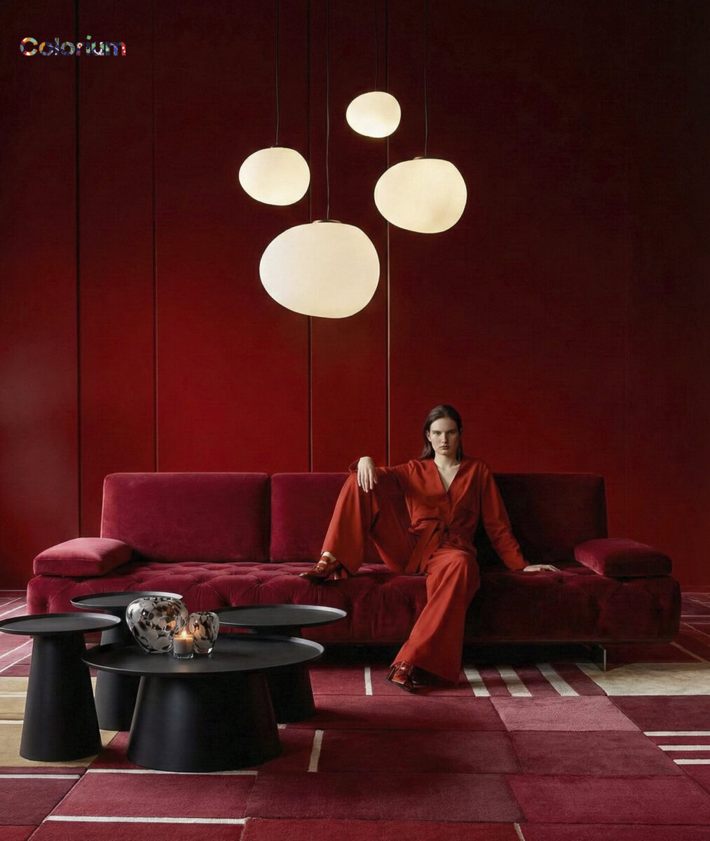 Elegant modern living room featuring a deep red velvet sofa, contemporary pendant lighting, and stylish black coffee tables, showcasing high-quality furniture from Saloni Furniture.