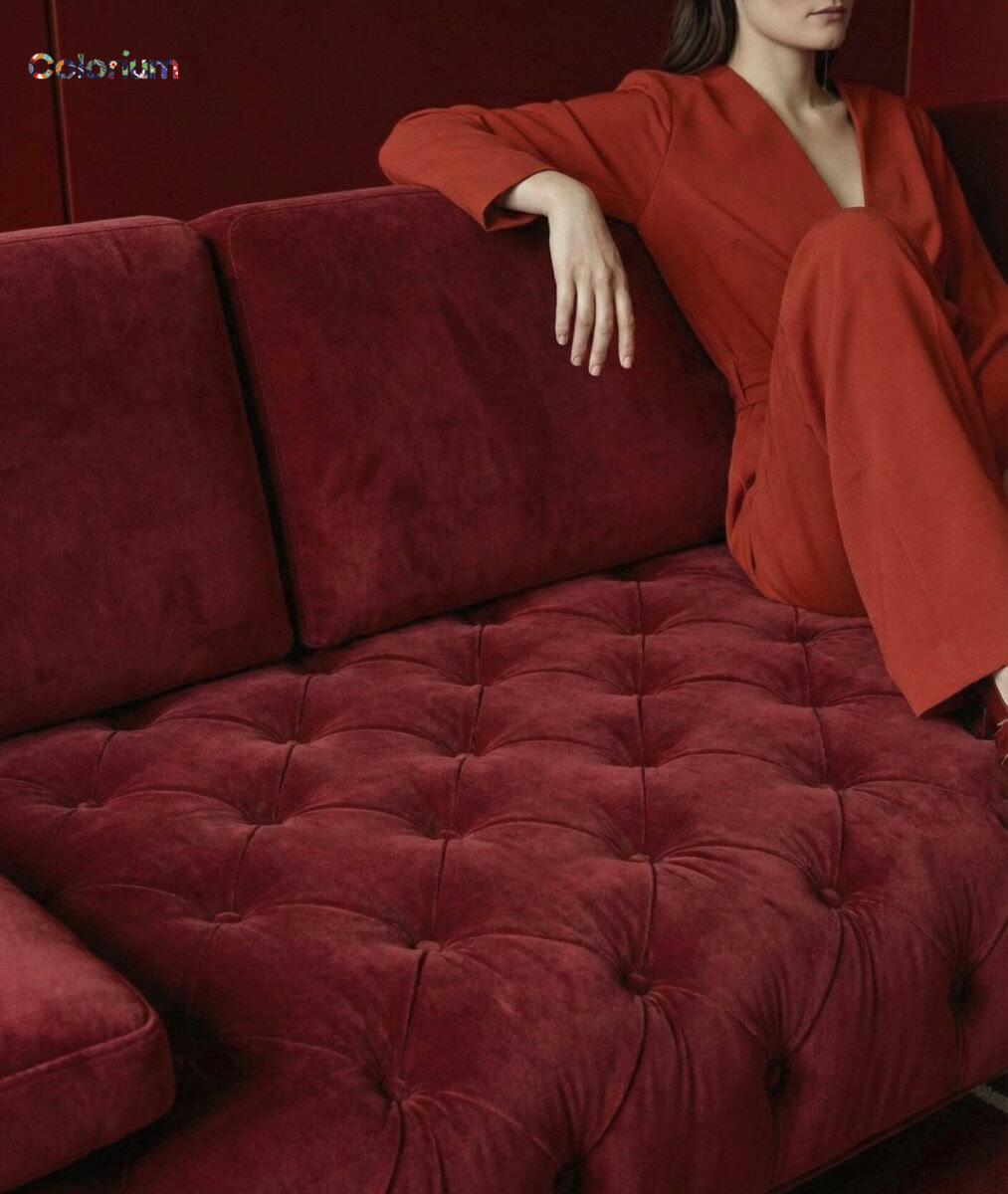 Elegant red velvet sofa with tufted design from Saloni Furniture, perfect for modern living rooms.