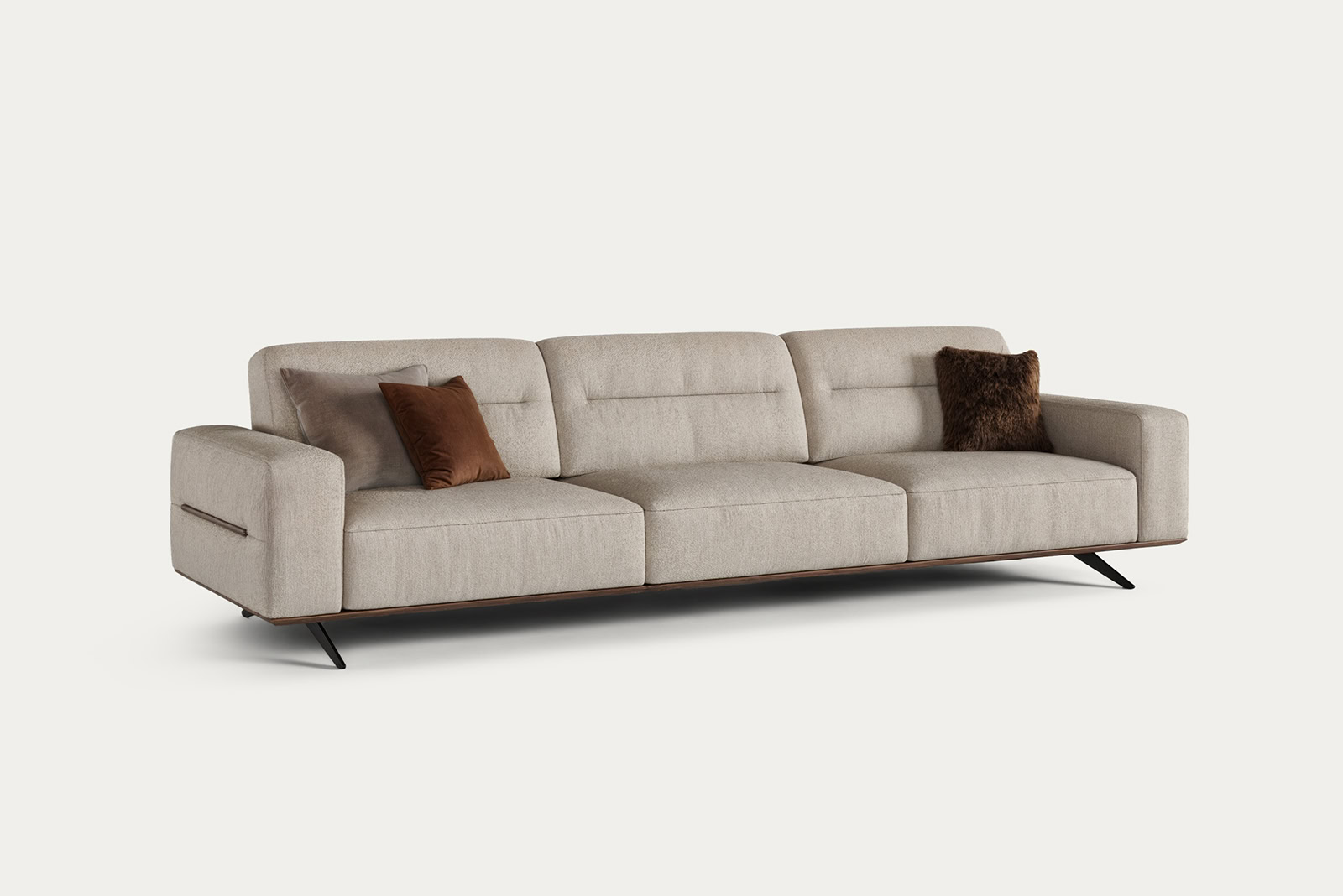 Elegant beige sofa with three cushions, perfect for contemporary living room decor.