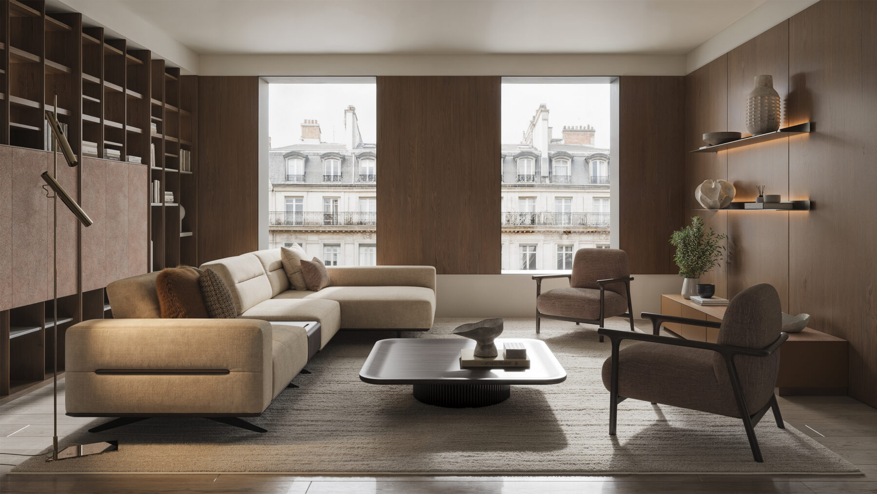 Elegant modern living room with beige sofa, armchairs, wooden wall panels, and large windows showcasing city views, designed by Saloni Furniture.