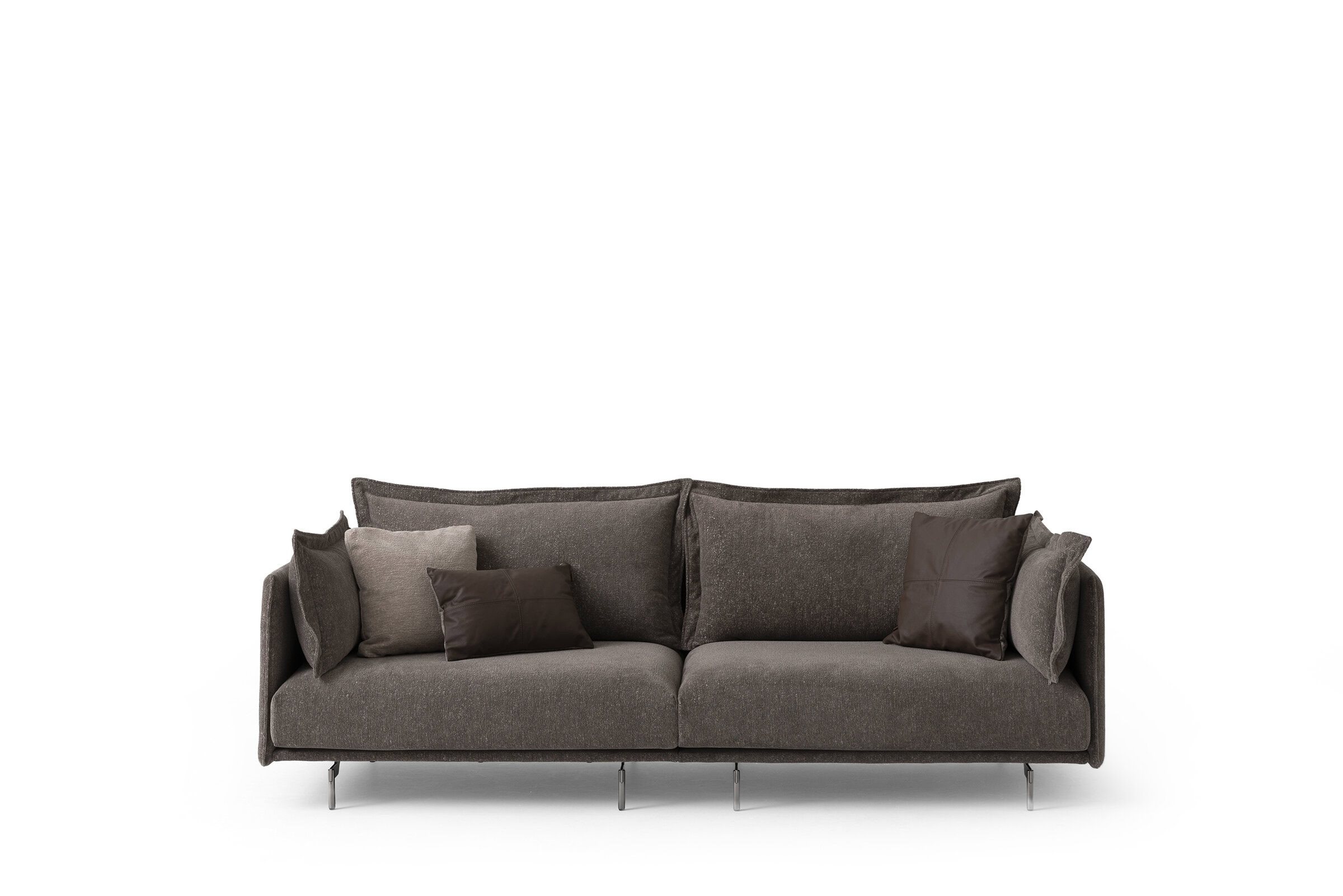 Elegant grey fabric sofa with plush cushions, perfect for contemporary living rooms and stylish home decor. Comfortable seating with sleek design and durable upholstery.
