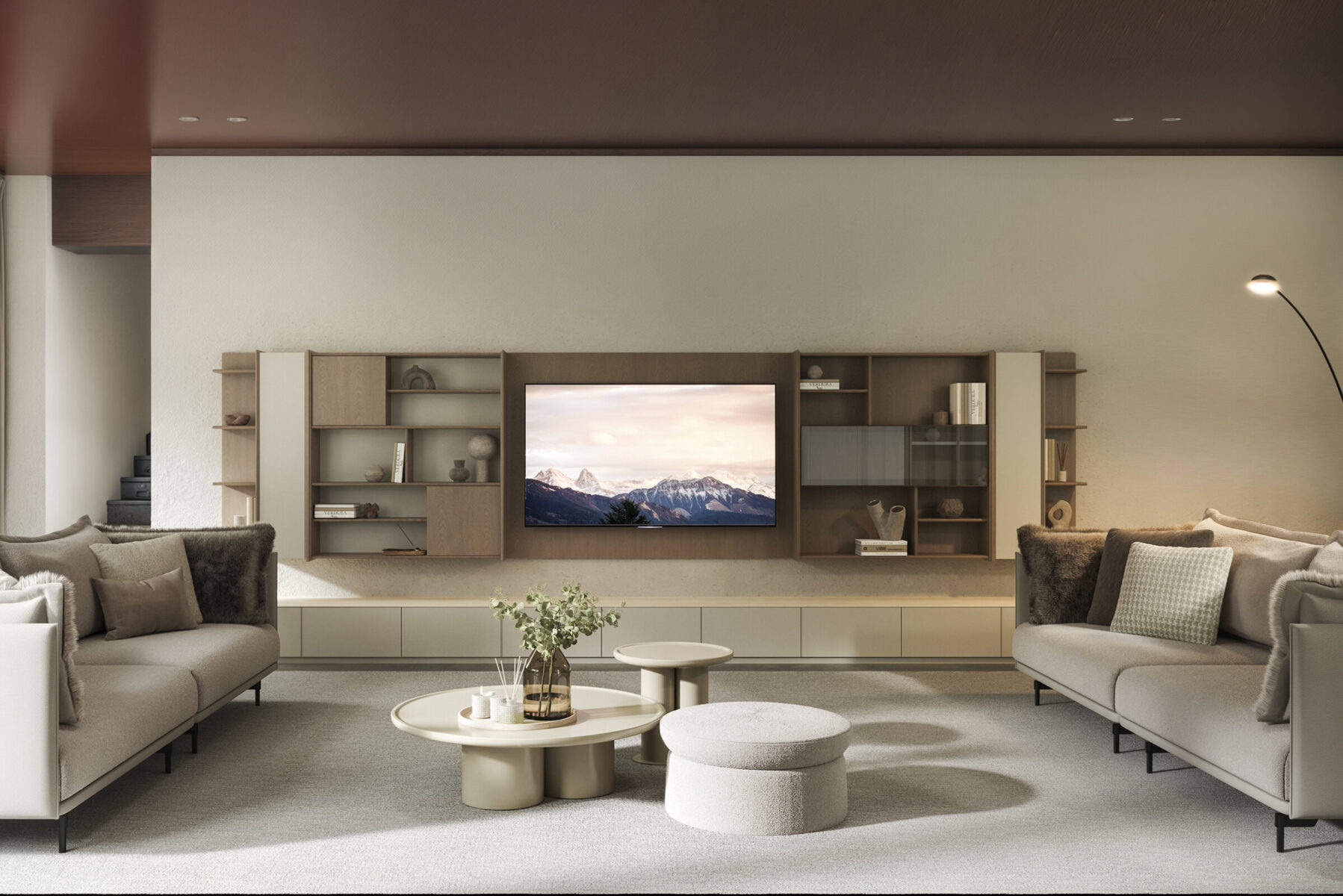 Sleek modern living room with minimalist wooden entertainment unit and neutral-toned sofas, perfect for stylish home decor and relaxation.
