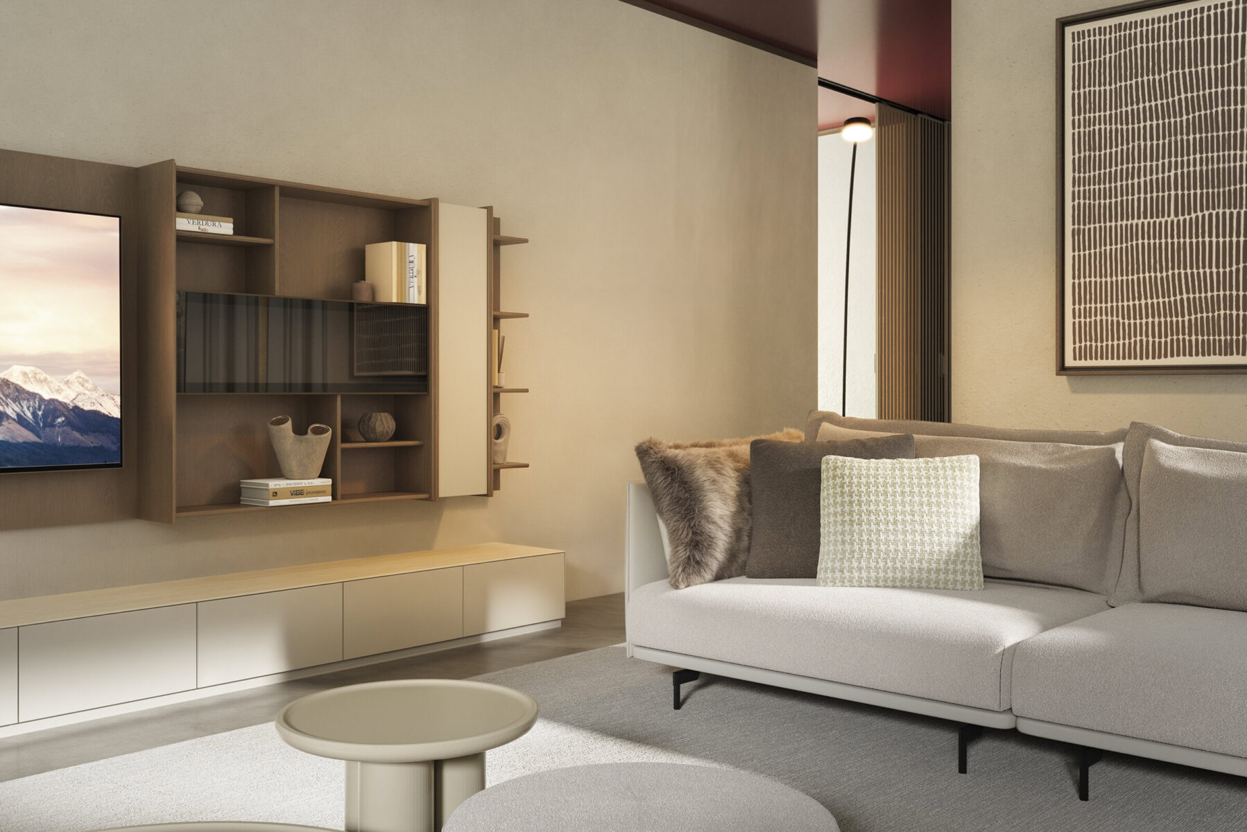 Contemporary living room with modern sofa, decorative cushions, wooden wall shelves, and minimalist decor, highlighting stylish and functional furniture options by Saloni Furniture.
