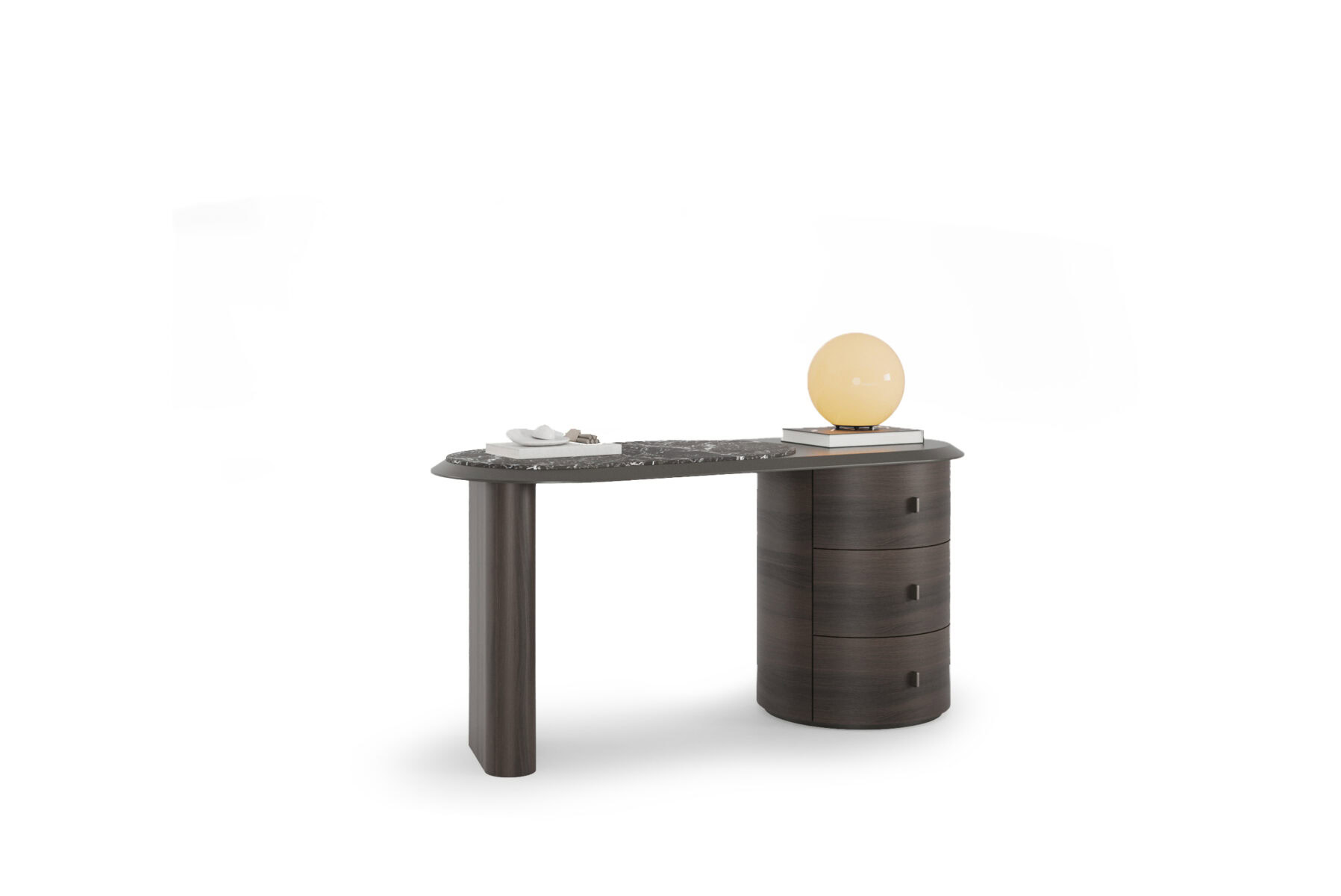 Elegant dark wood desk featuring a rounded storage cabinet on the right, ideal for stylish home or office use, showcasing high-quality craftsmanship and contemporary design.