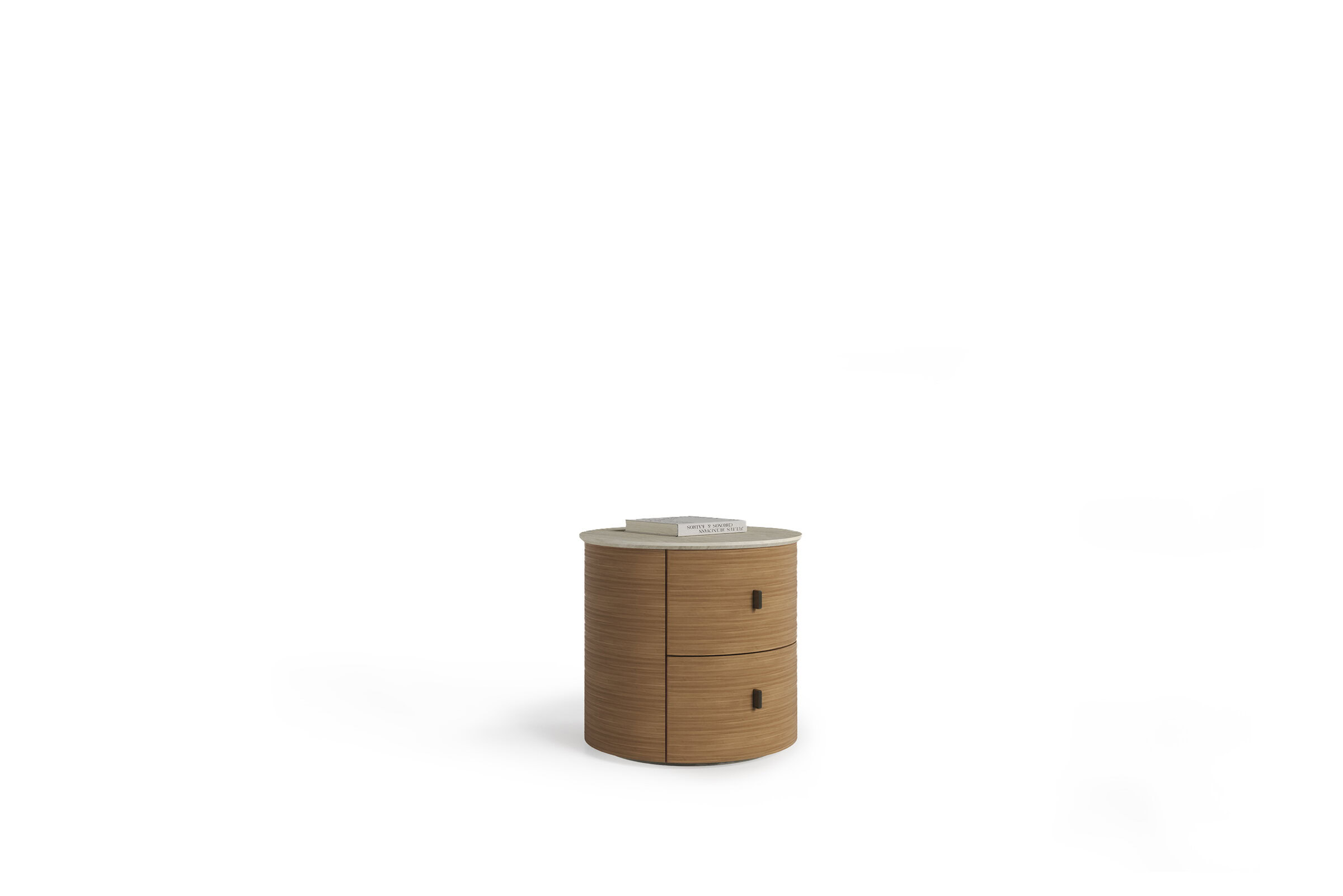 A stylish wooden nightstand featuring a curved design and two drawers, perfect for modern bedroom decor and storage solutions. Crafted with quality wood and sleek black handles for a contemporary look.