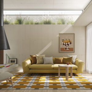 Bright and inviting living room featuring a yellow sofa, contemporary decor, and large windows for ample natural light. Perfect for stylish and comfortable home interiors.