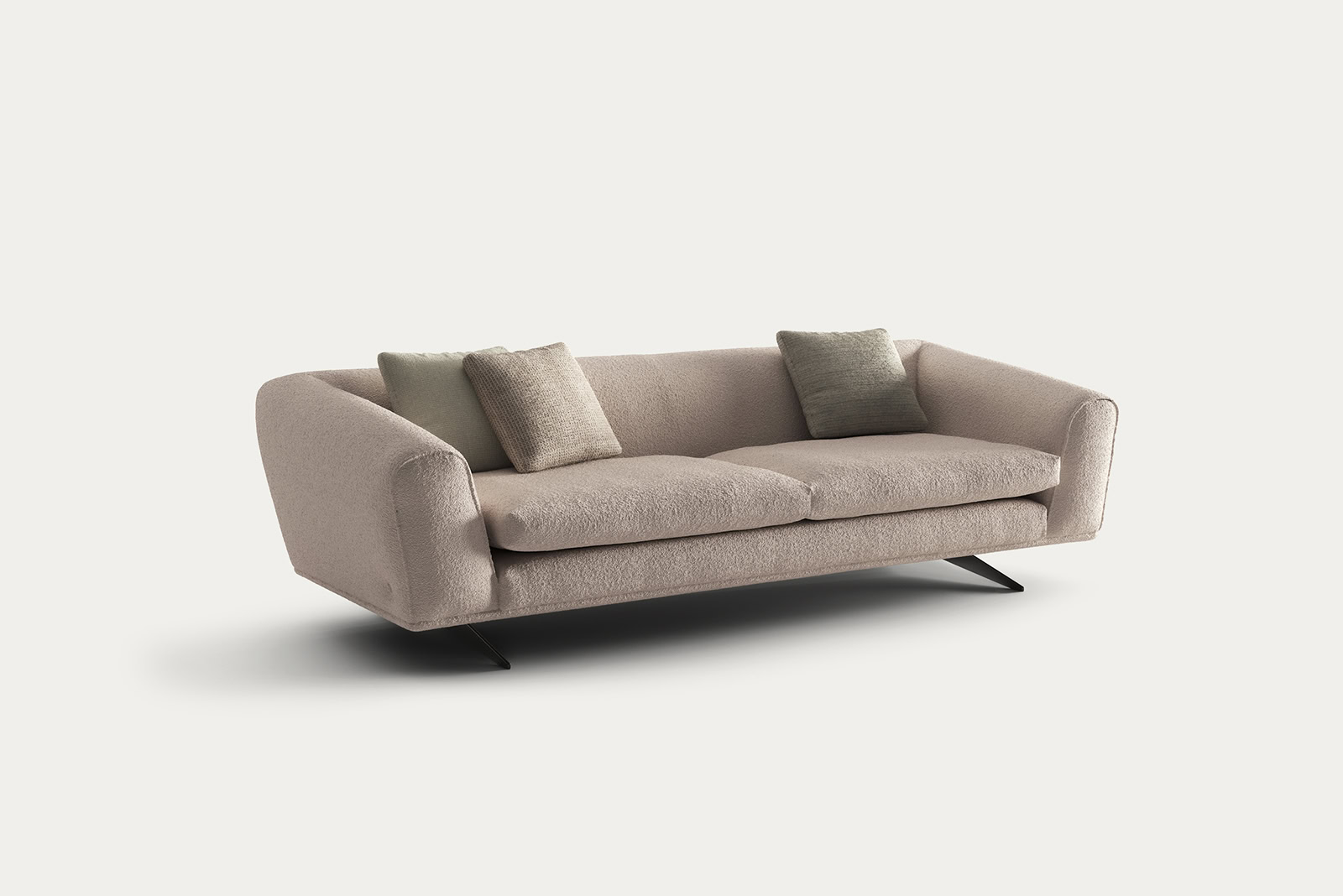 Stylish beige sofa with two matching cushions, perfect for contemporary living room decor.