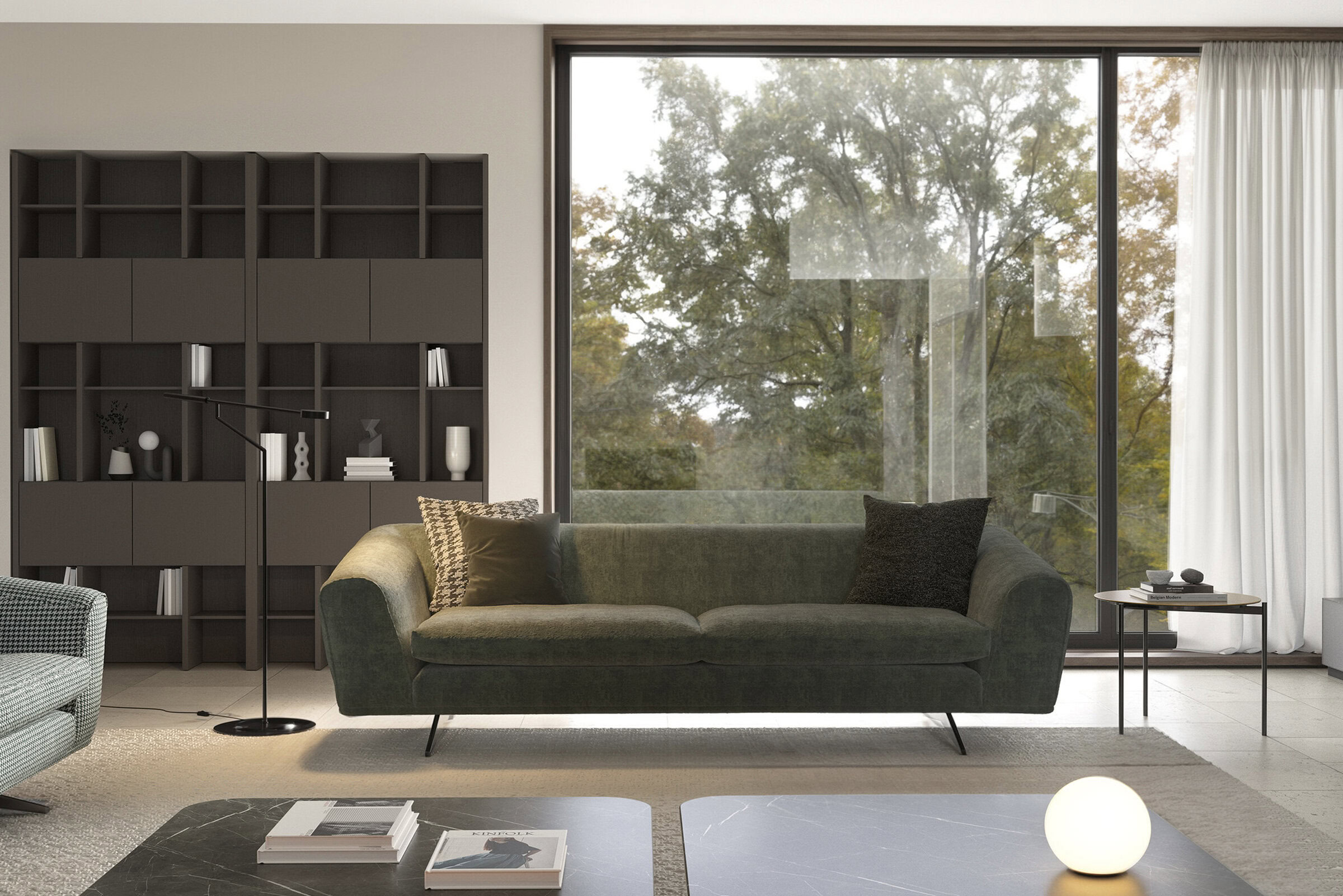 A contemporary green sofa with sleek design in a modern living room featuring large window and minimalist decor. Perfect for stylish, comfortable home interiors.