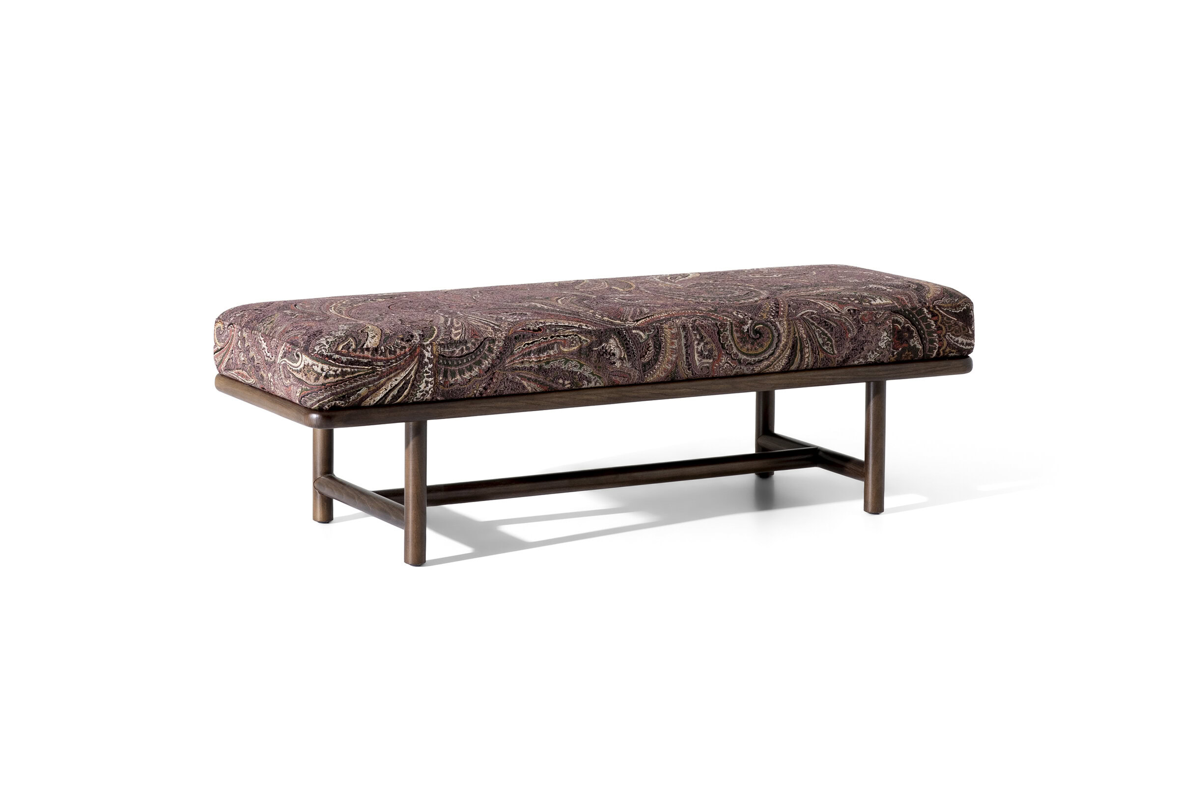 Stylish upholstered bench with a patterned fabric seat and wooden legs, ideal for modern and classic interior decor. Perfect for entryways, bedrooms, or living rooms.