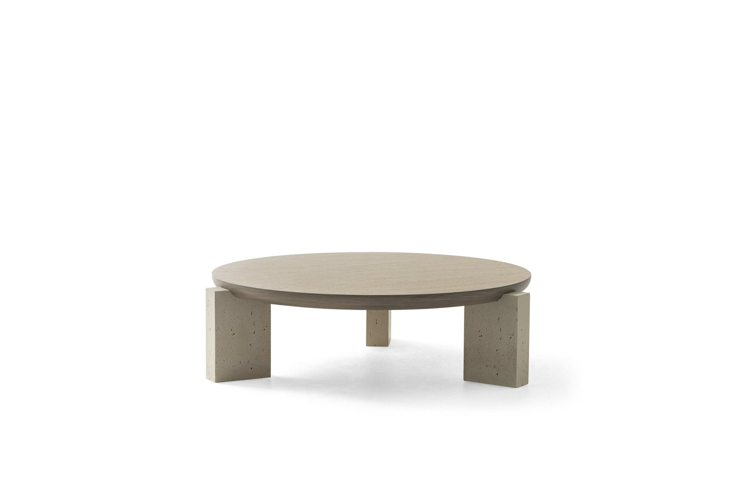 Sleek modern round coffee table with a minimalist design, featuring a light wood top and sturdy concrete legs, perfect for contemporary living spaces.