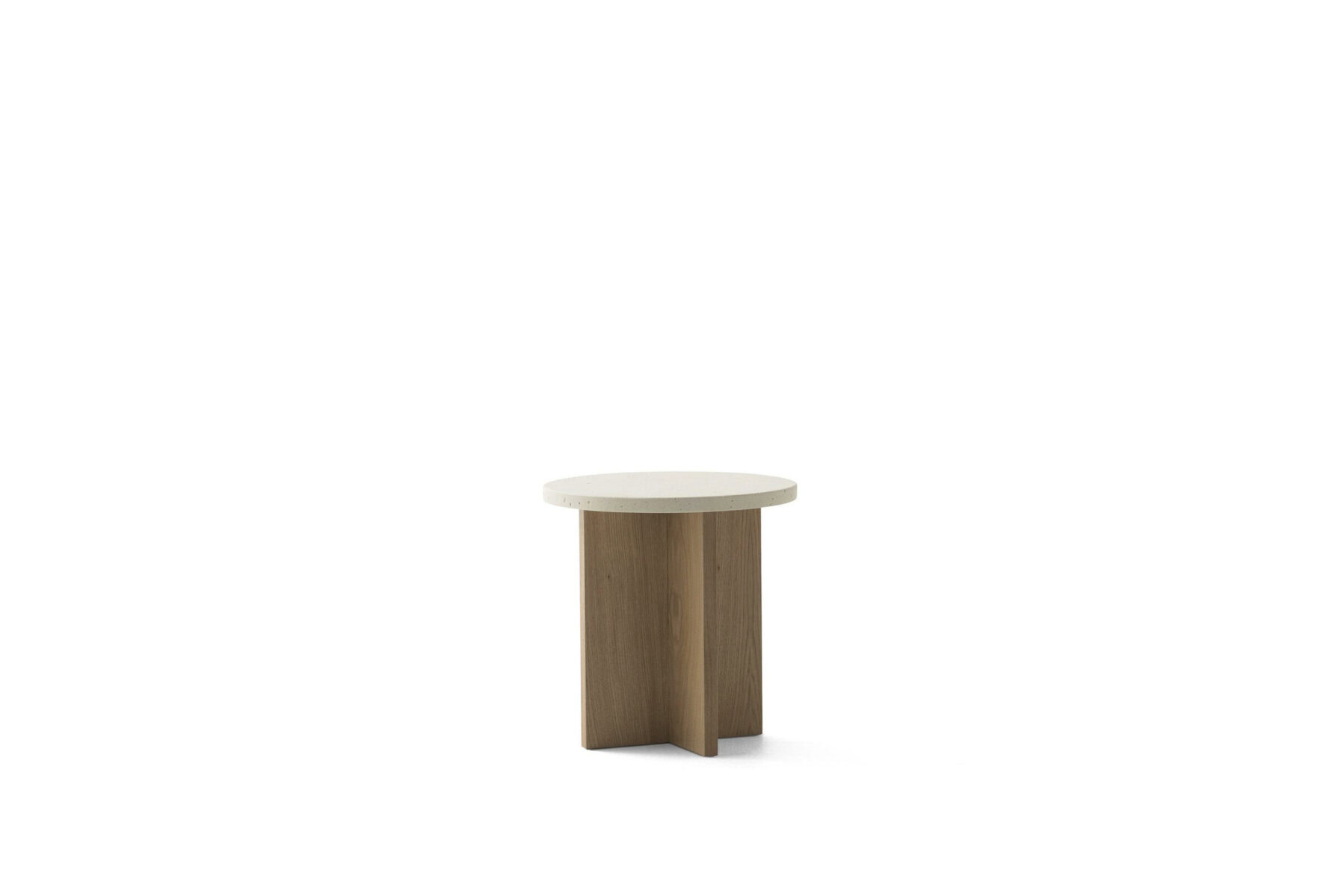 Sleek modern side table with a round white top and wooden base, perfect for contemporary living spaces.