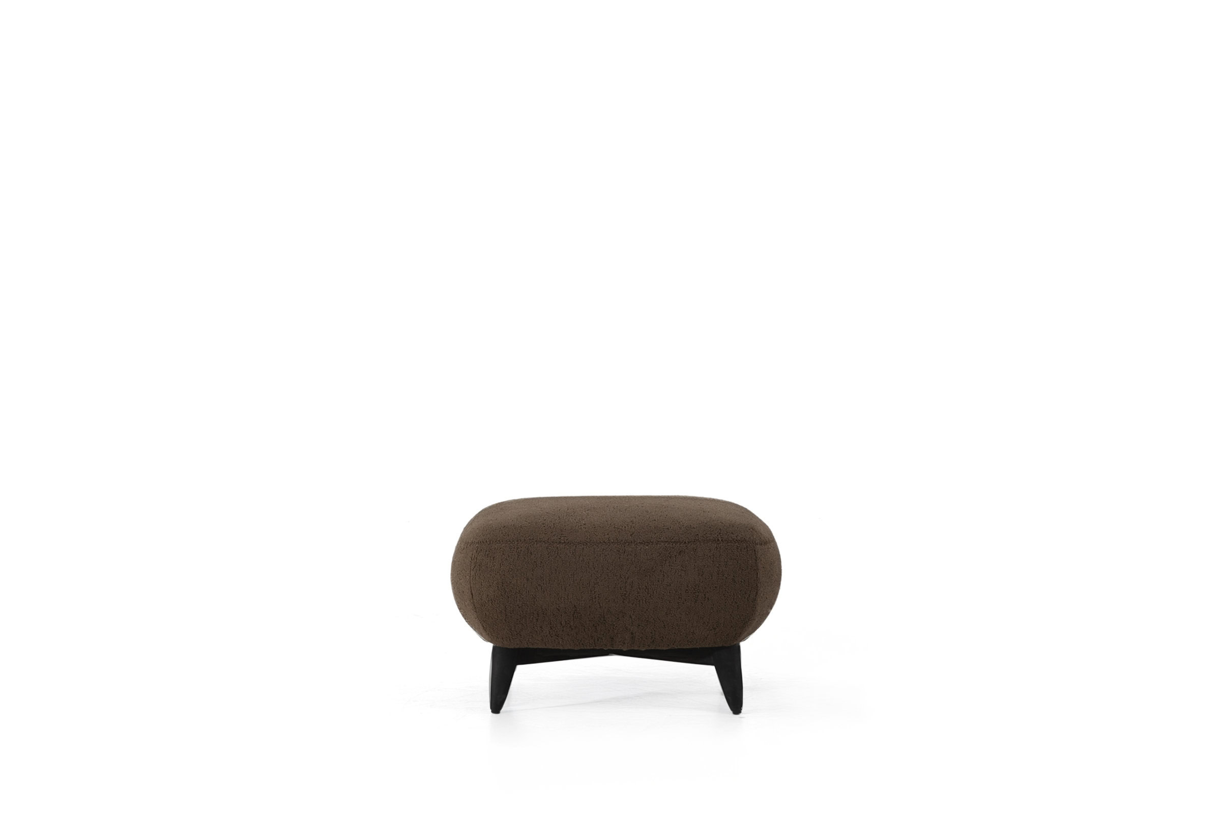 Elegant brown upholstered ottoman with black wooden legs, ideal for modern living room furniture and interior decor, providing stylish comfort and versatile seating options.