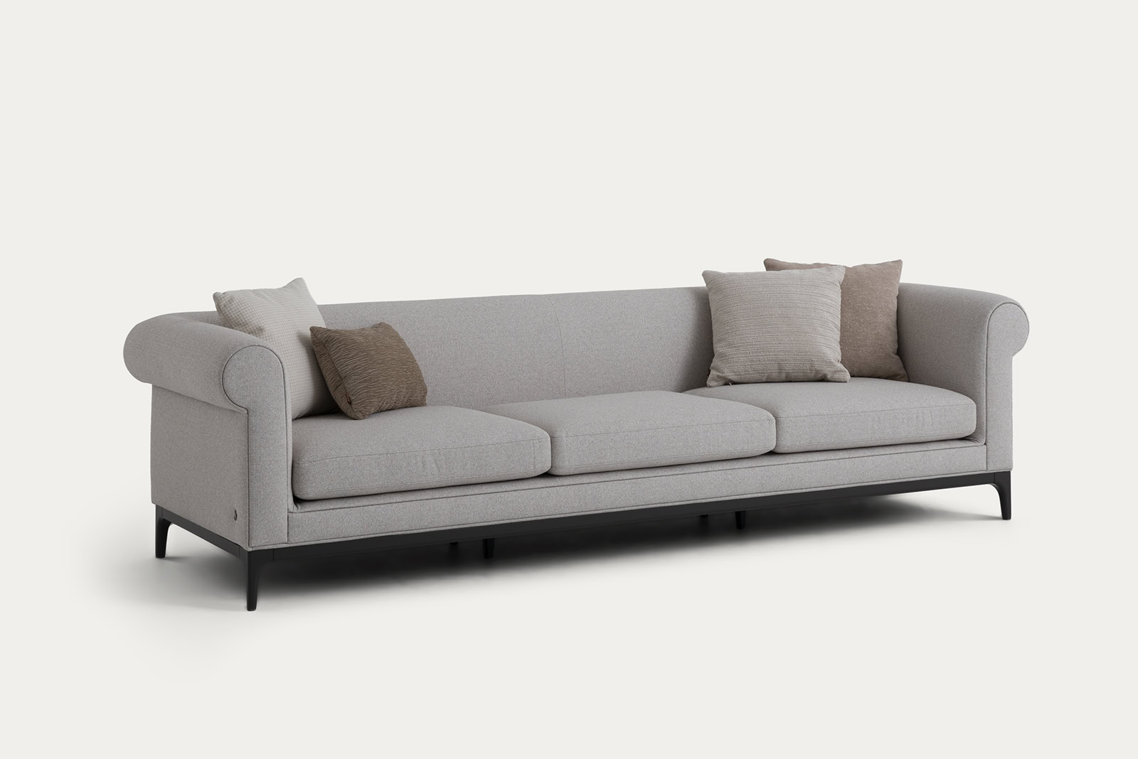 Modern Saloni Furniture sofa with neutral-colored cushions, perfect for contemporary living room decor.