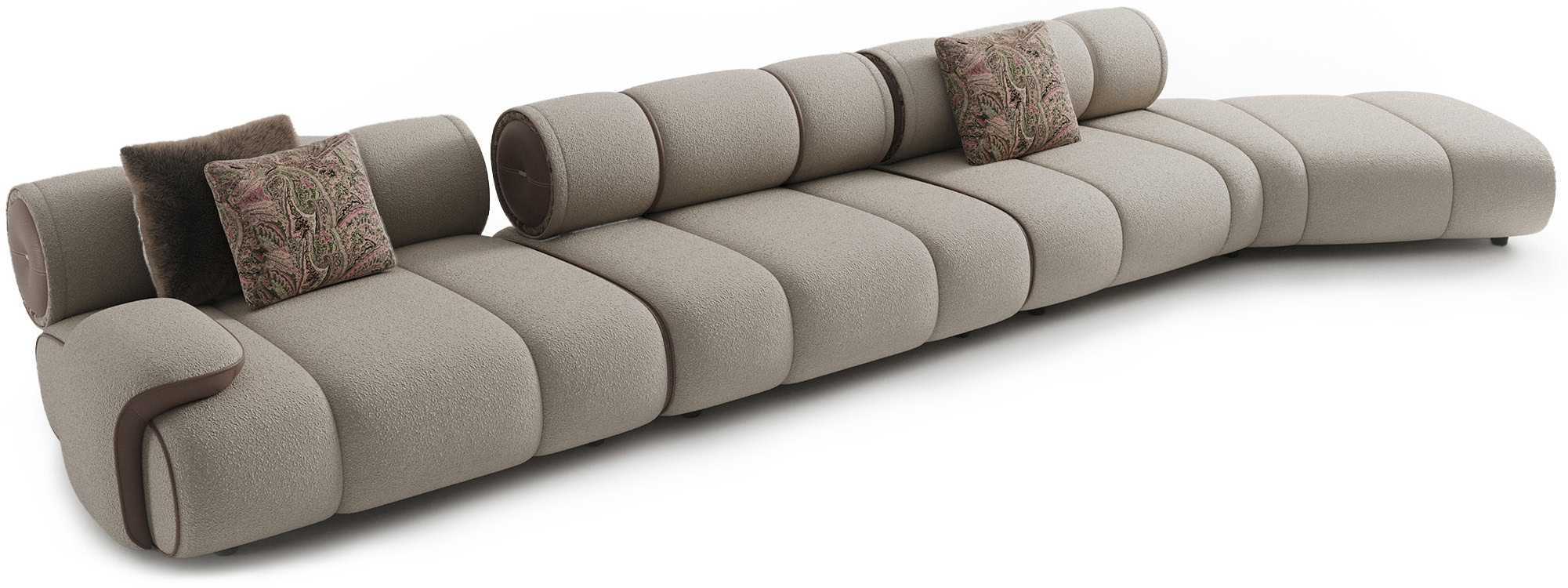 Elegant beige modular sofa with plush cushions and cylindrical headrests, perfect for contemporary living room decor.