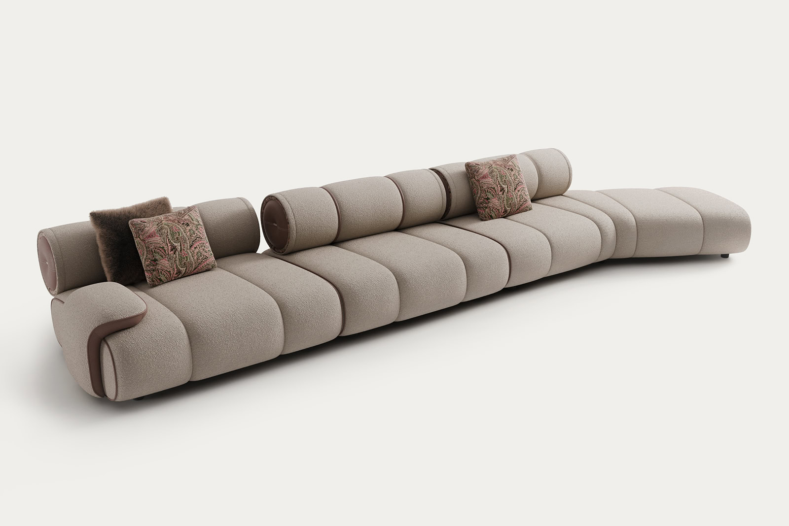 Elegant beige modular sofa with decorative pillows, perfect for contemporary living rooms from Saloni Furniture.
