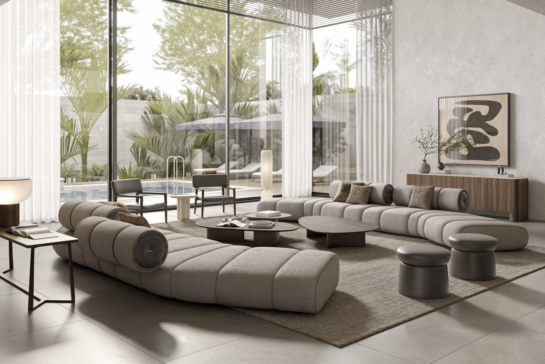 A stylish and spacious living room featuring contemporary furniture, large glass windows, and natural light, perfect for modern home interiors.