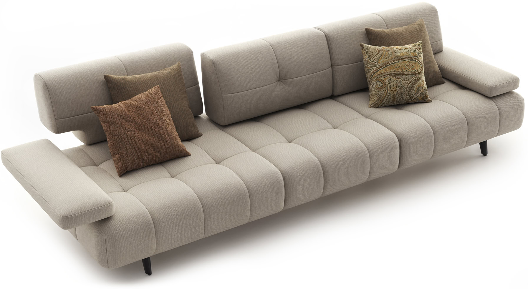 Elegant beige fabric sofa with plush cushions, perfect for contemporary living room decor and comfortable seating.
