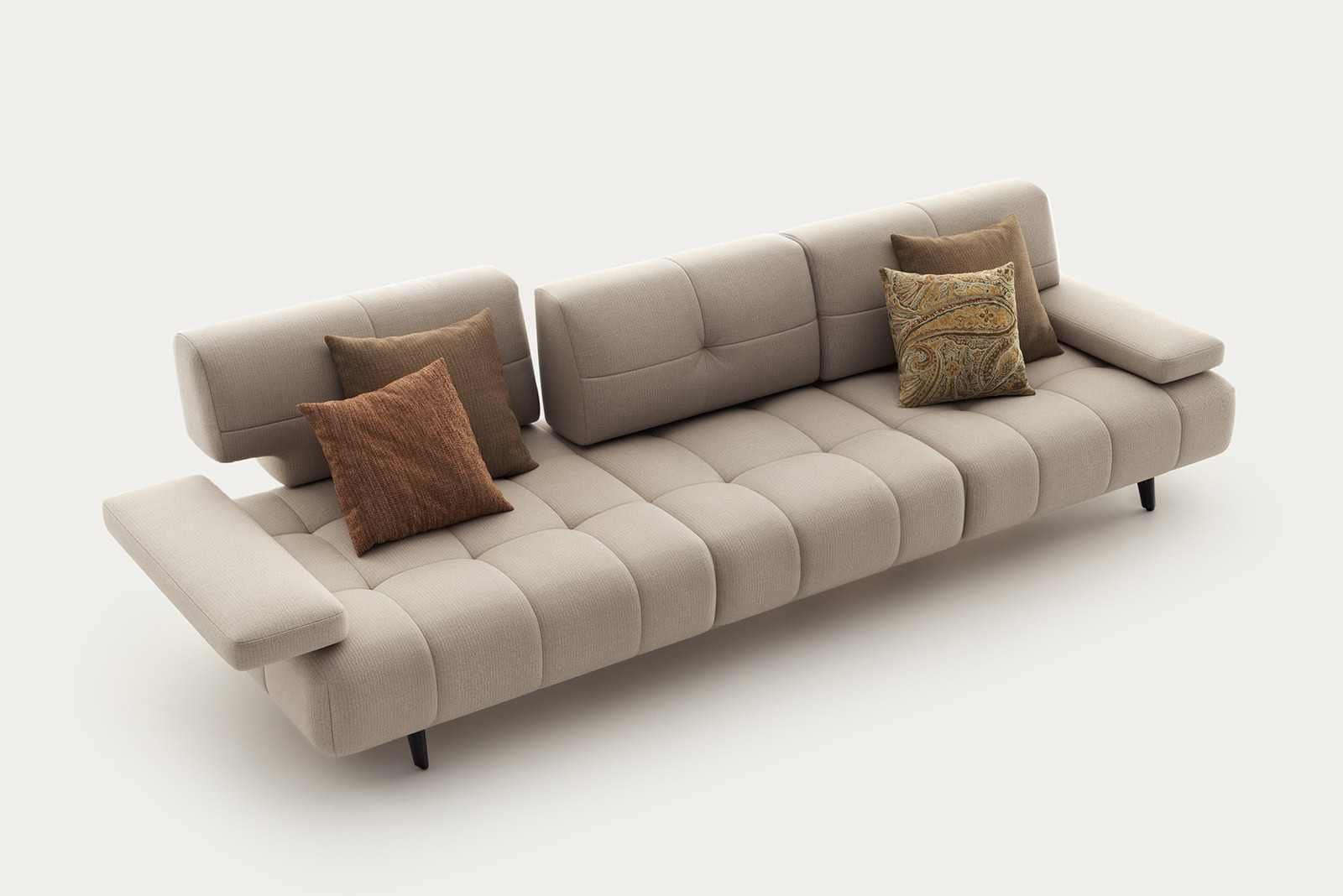 Elegant beige sofa with three cushions, modern design, ideal for contemporary living rooms, from Saloni Furniture.