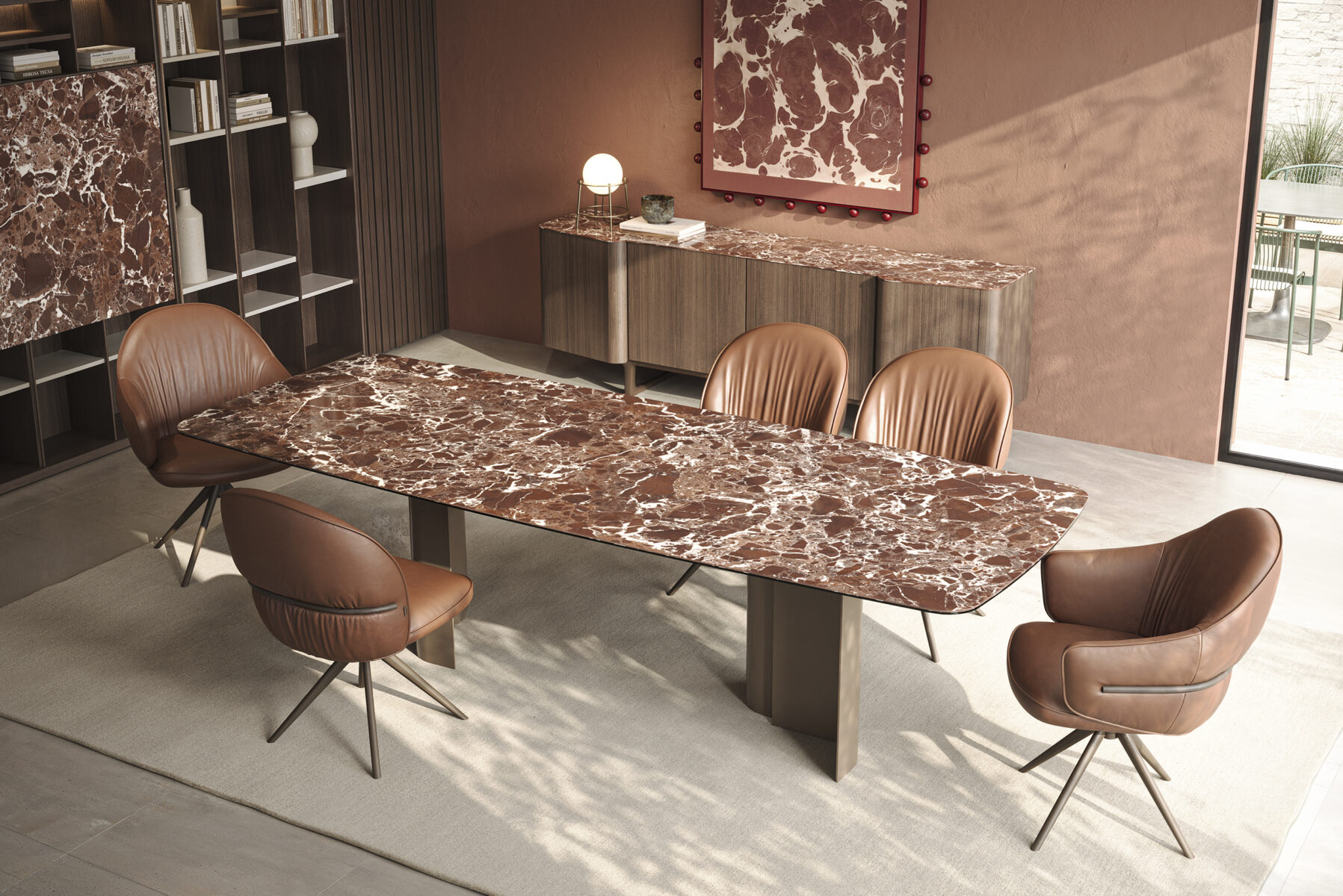 Elegant conference room featuring a large brown marble table surrounded by six stylish leather chairs, perfect for meetings and professional gatherings.