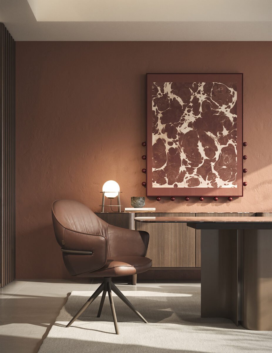 Elegant brown leather office chair with ergonomic design, perfect for executive desks and professional workspaces, combining comfort and style.