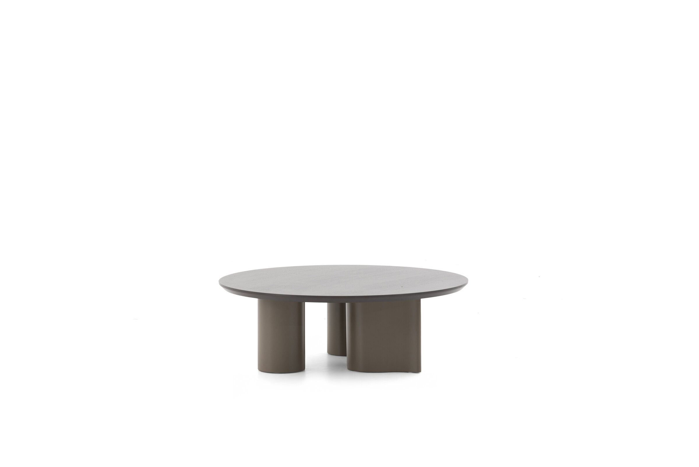 Sleek modern coffee table with a smooth round surface and sturdy cylindrical legs, perfect for contemporary living room decor.
