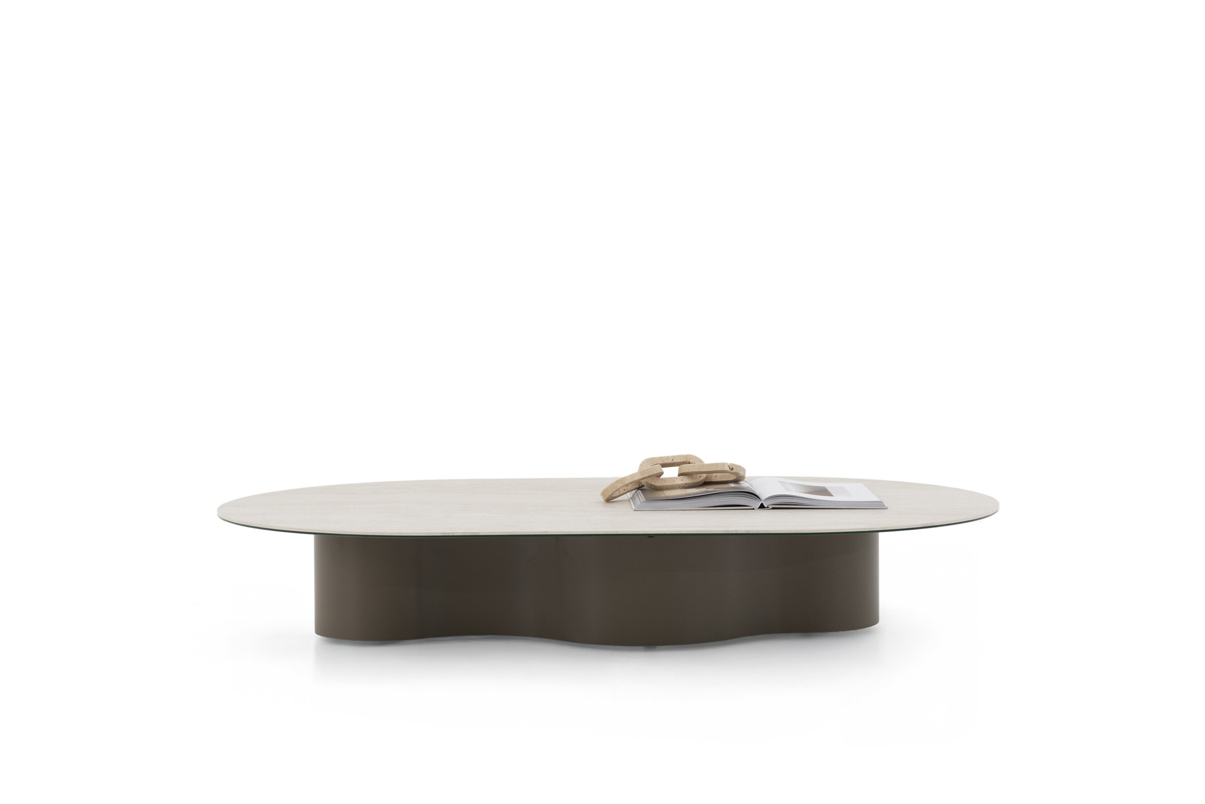 Sleek modern coffee table with a two-tone design, featuring a smooth wood top and an artistic curved base, perfect for contemporary living room decor.