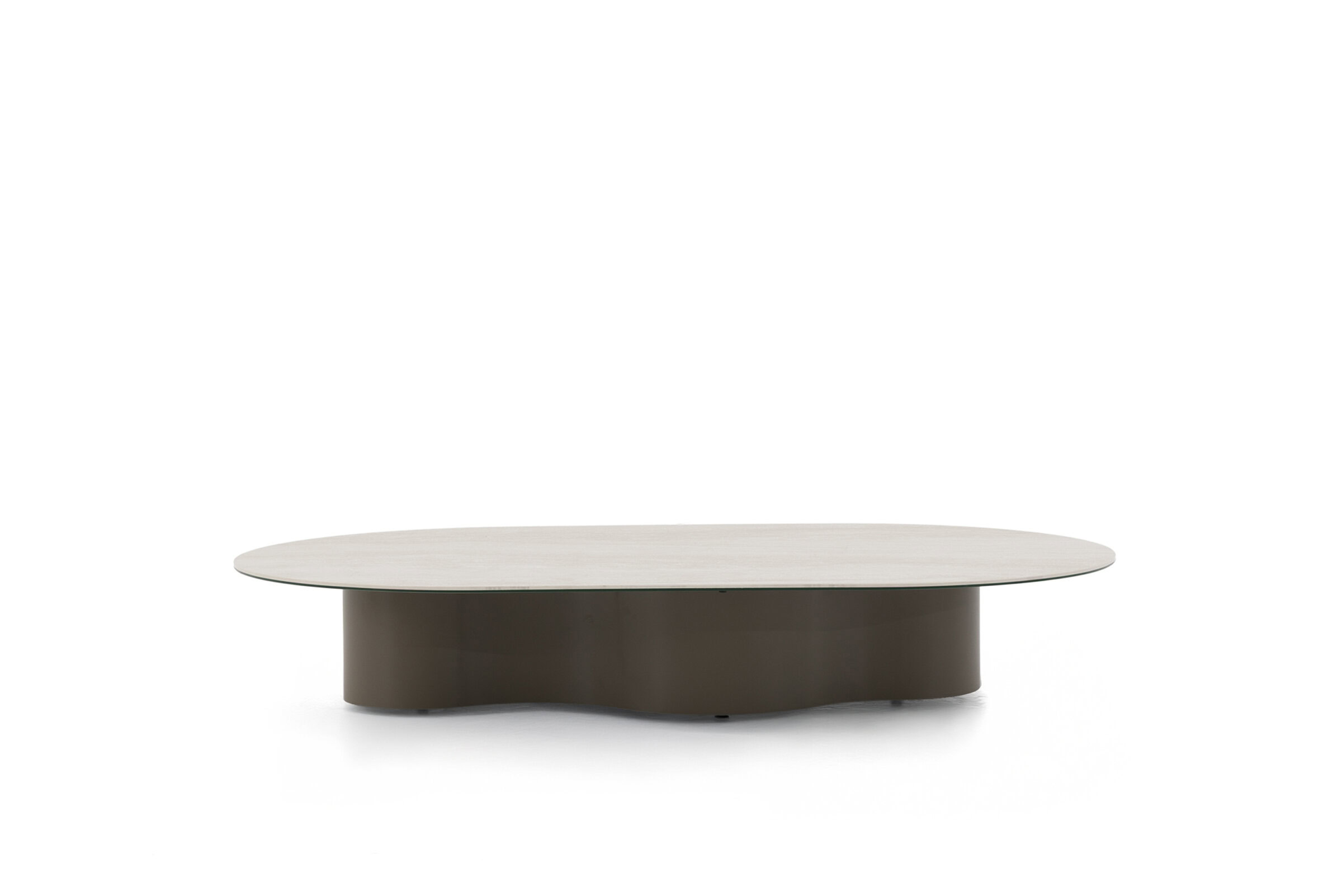 Contemporary oval coffee table with a sleek beige top and dark base, perfect for modern living room decor. Elegant design adds style and functionality to your space.