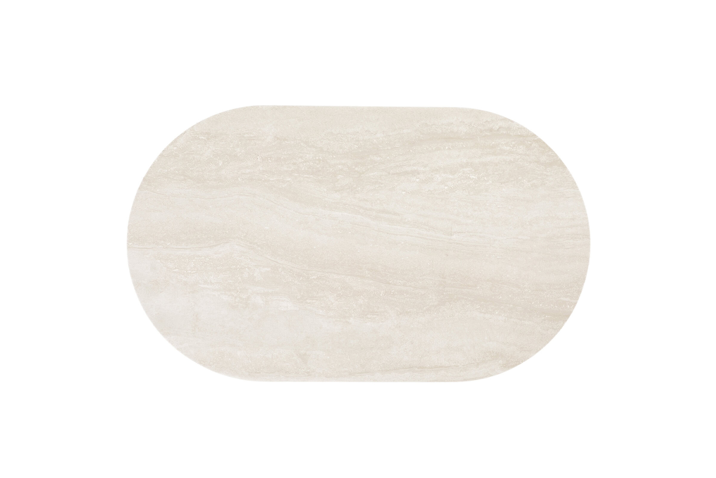 Sleek oval beige marble coffee table with a smooth surface and natural stone texture, perfect for modern living room décor and elegant interior design.