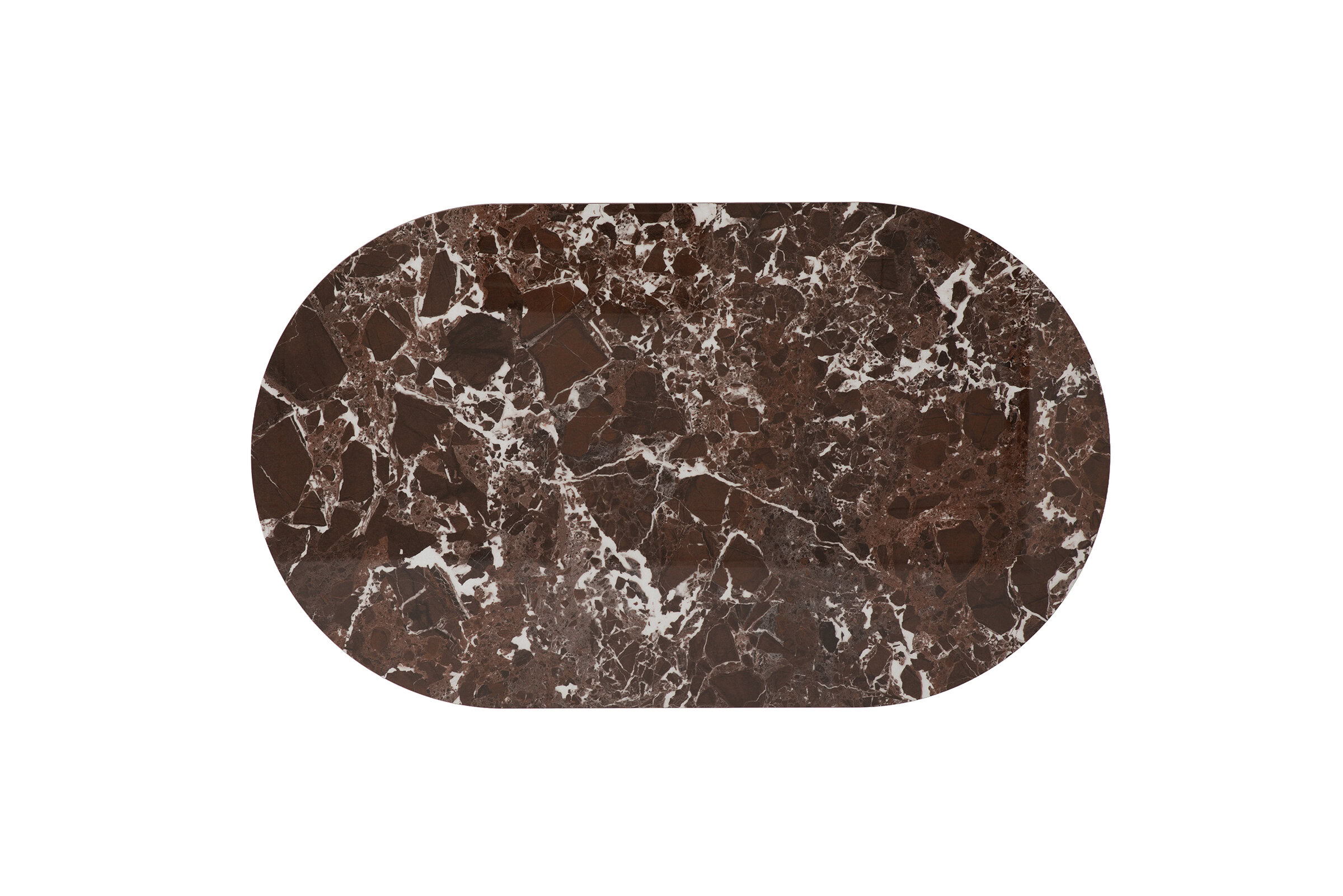 Elegant oval-shaped marble coffee table with brown and white veining, perfect for modern living rooms.