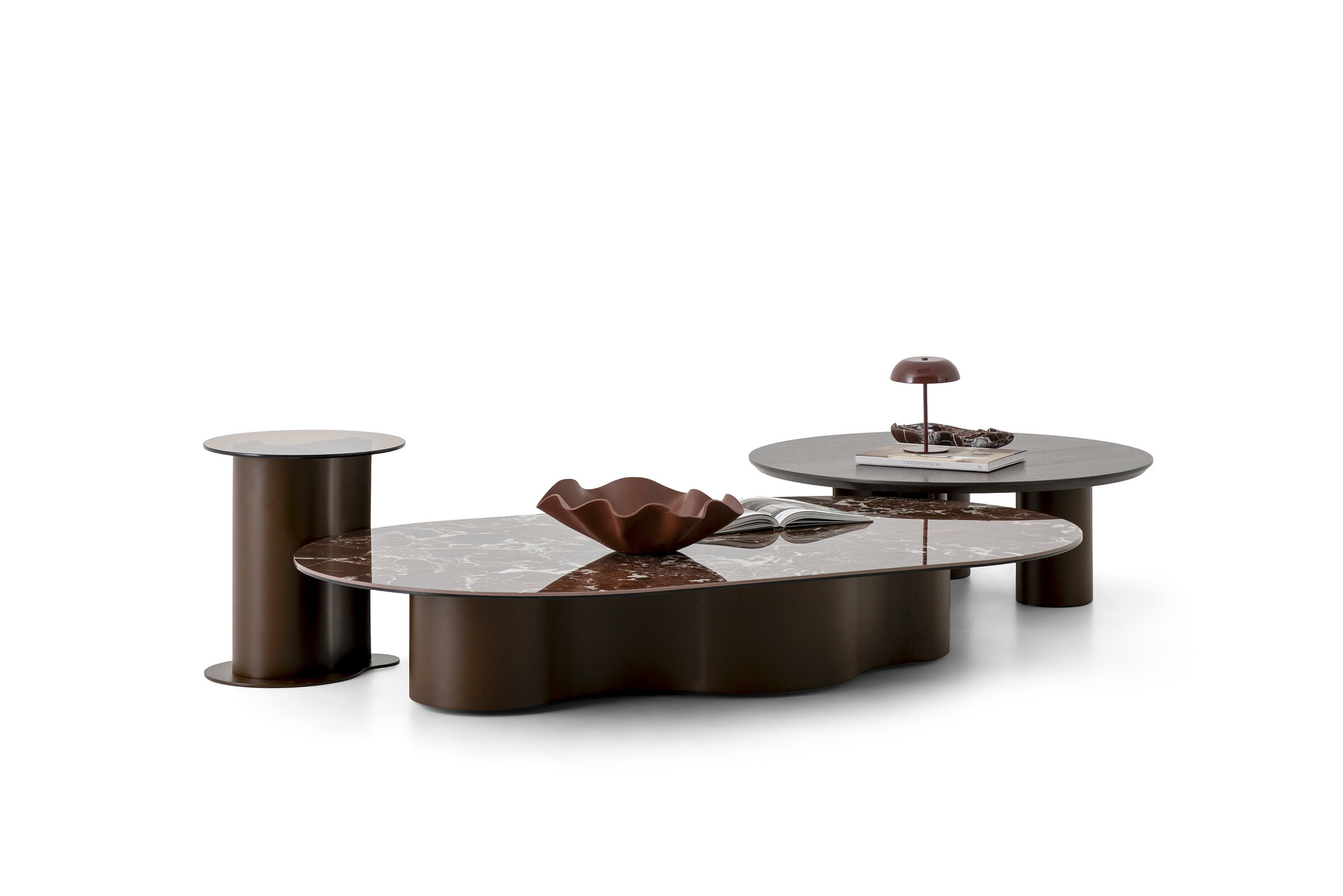 Contemporary Saloni Furniture coffee table set with marble tops and unique design, perfect for modern living rooms.