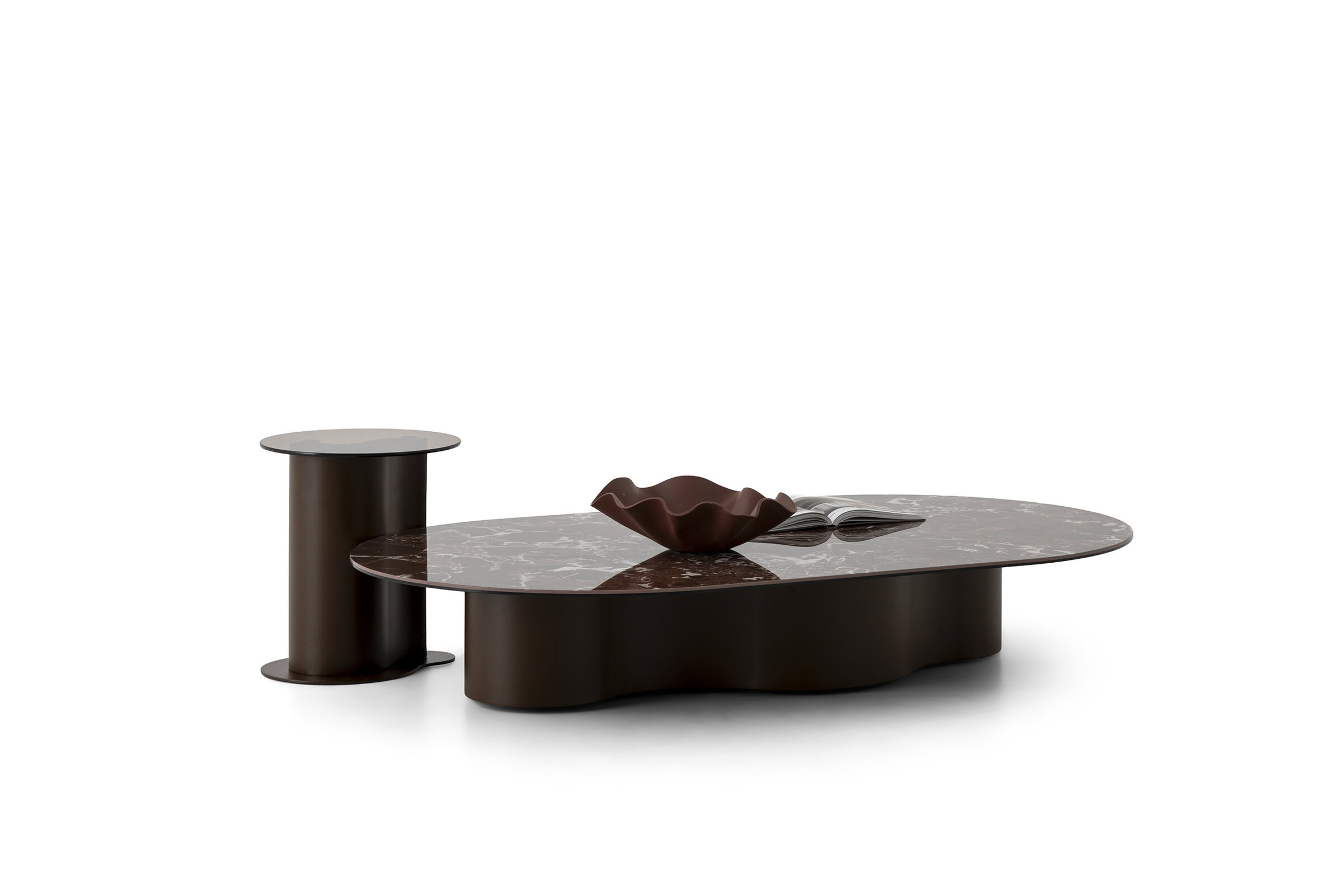 Contemporary coffee table with marble top and unique base design from Saloni Furniture.