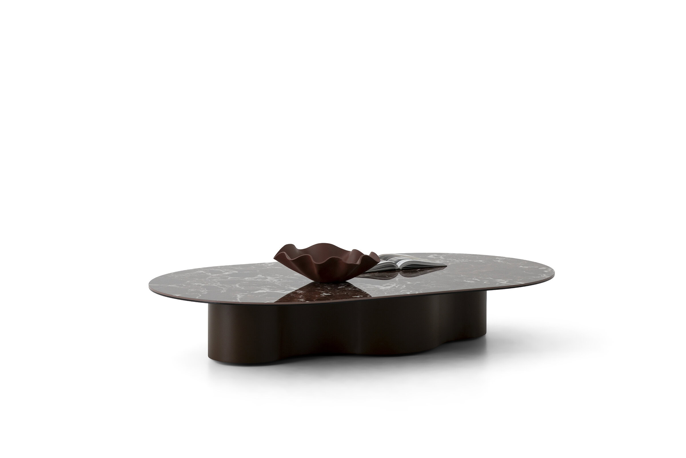 Elegant modern coffee table with a marble top and sculptural wooden accent, perfect for contemporary living rooms.