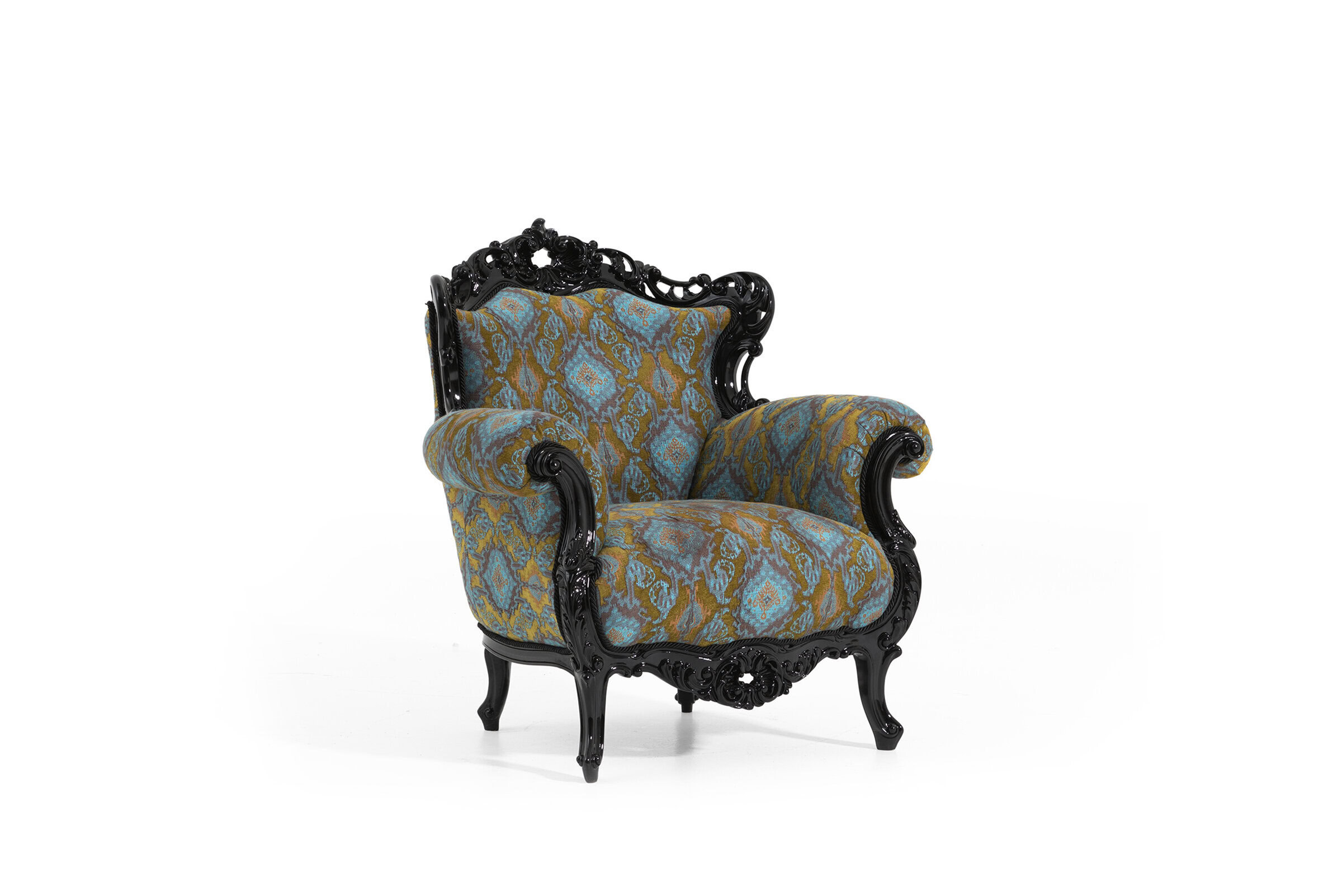 Luxurious Victorian-style armchair with ornate black carved wood frame and vibrant, patterned upholstery in blue, gold, and teal for elegant living room decor.