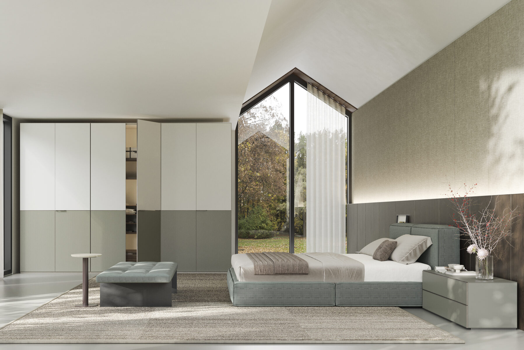 Contemporary bedroom with modern furniture, large glass windows, and minimalist decor, showcasing stylish beds, wardrobes, and bedside tables perfect for a sleek and elegant home interior.