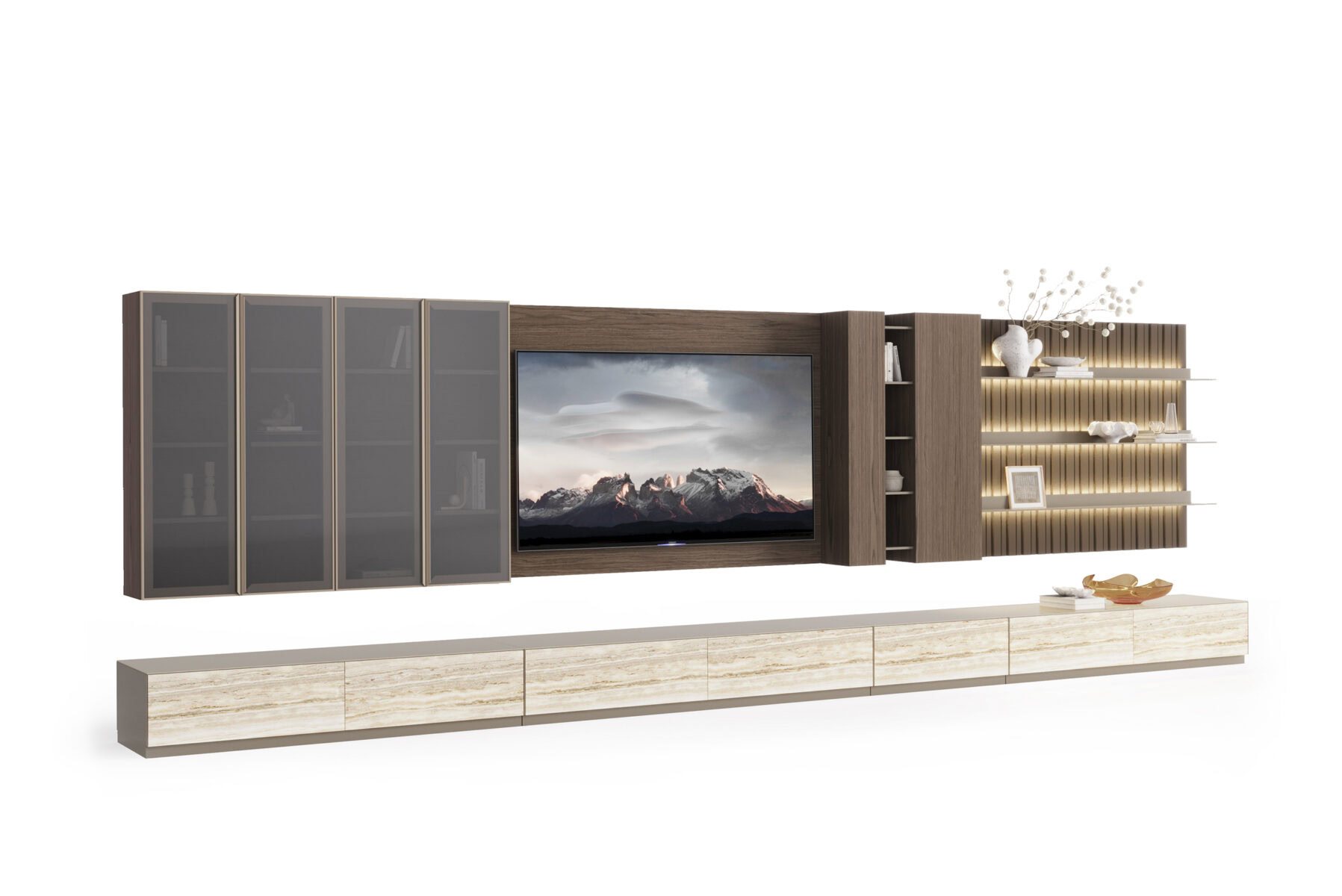Elegant wooden entertainment center with glass-front cabinets, open shelving, and a long TV stand, ideal for contemporary living rooms.