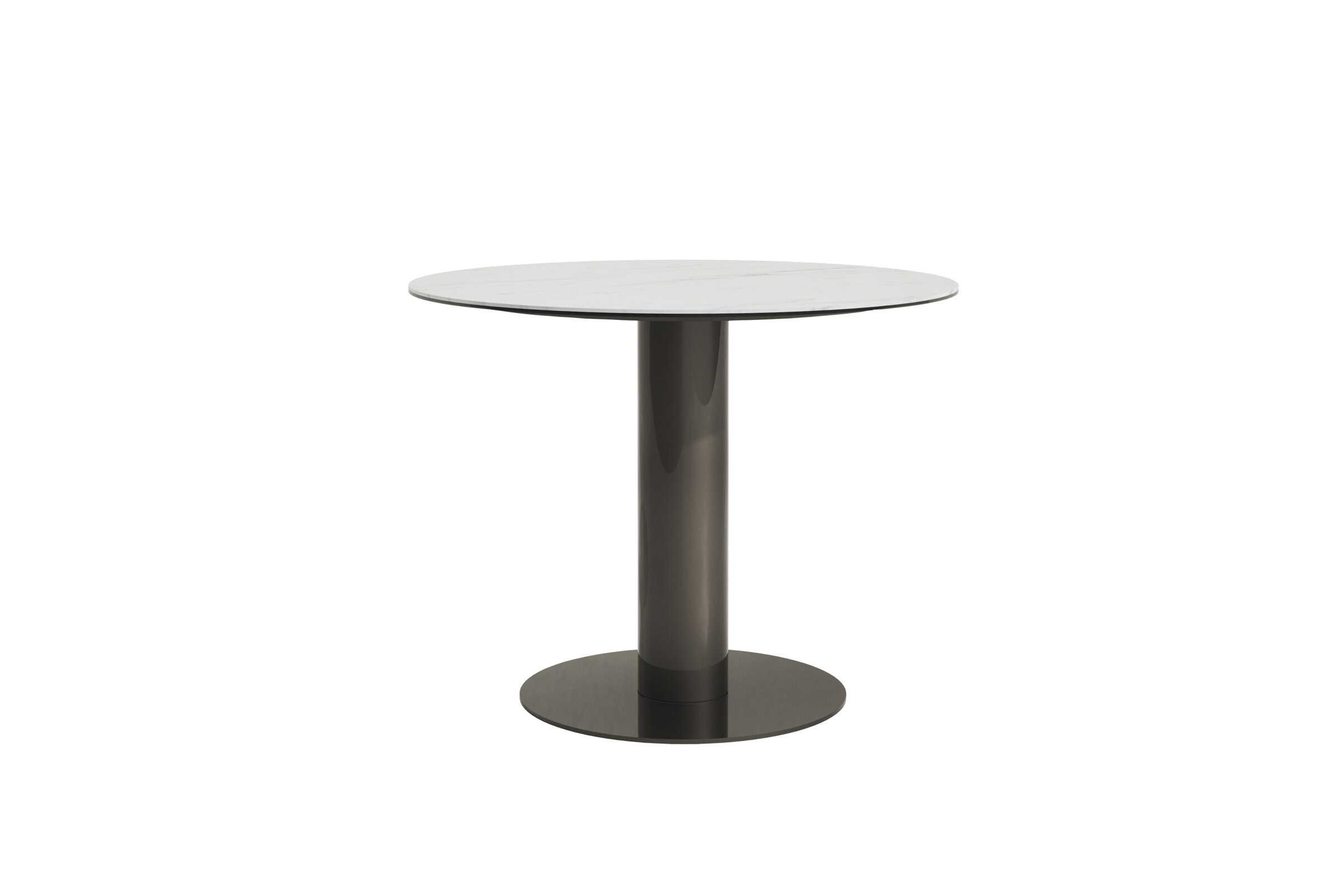Sleek modern round dining table with a marble top and metallic base, perfect for contemporary home or office interiors.