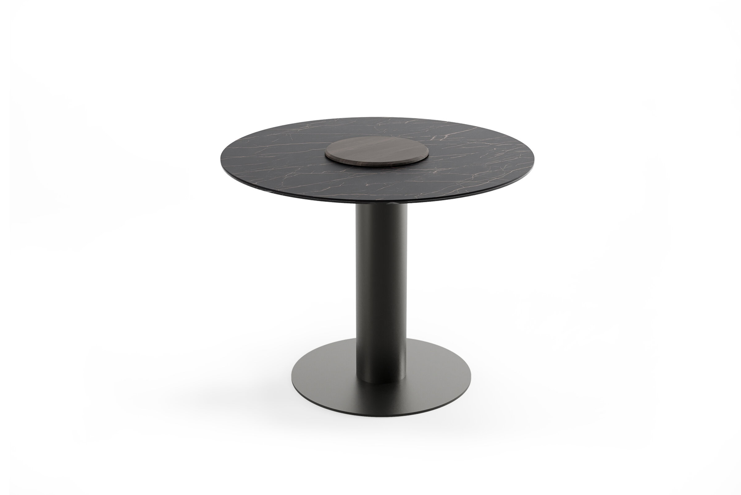 Marble top round modern dining table with black marble surface and sleek black base for luxury home or office decor.