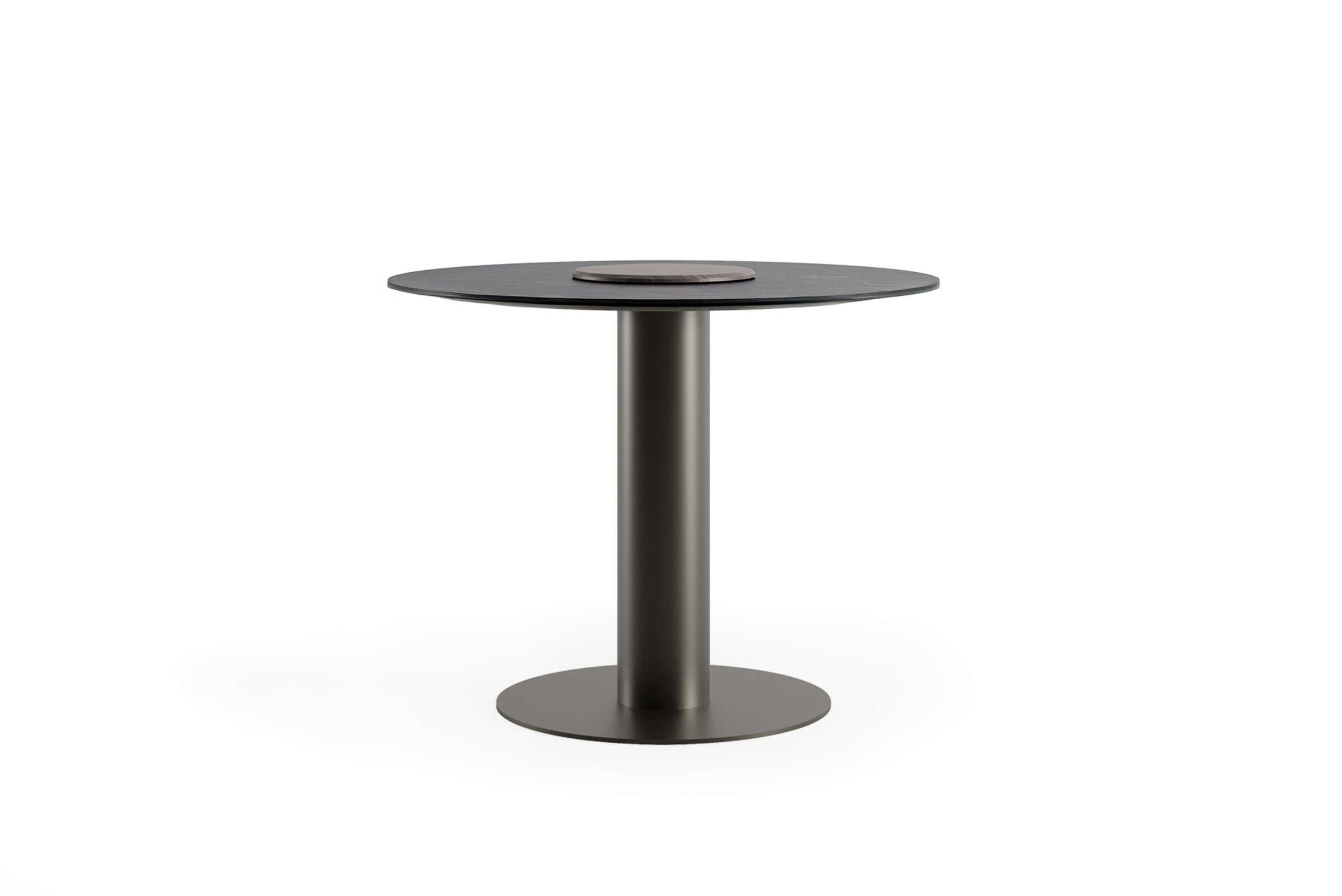 Modern round dining table with a sleek black top, metallic pedestal base, perfect for contemporary interior spaces and customizable furniture solutions.