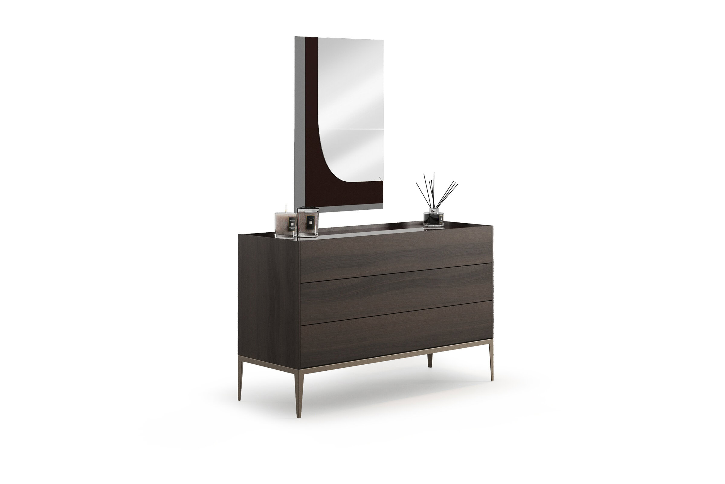 Elegant walnut dresser with a matching mirror, ideal for contemporary bedrooms, offering stylish storage and a sleek design.
