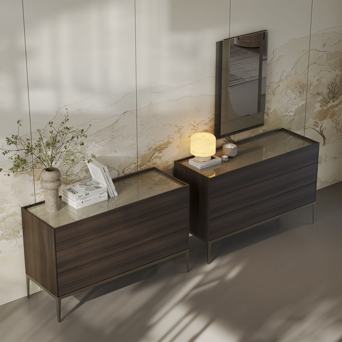 An elegant pair of modern wooden dressers with sleek design, perfect for contemporary bedroom decor. Crafted from high-quality wood with a smooth finish, these dressers offer ample storage space.