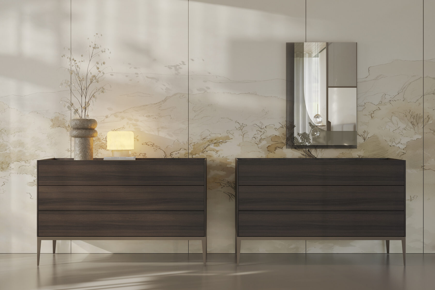 Two sleek dark wood sideboards with minimalist design placed against a marble wall, featuring a mirror and decorative vase, ideal for contemporary home decor.