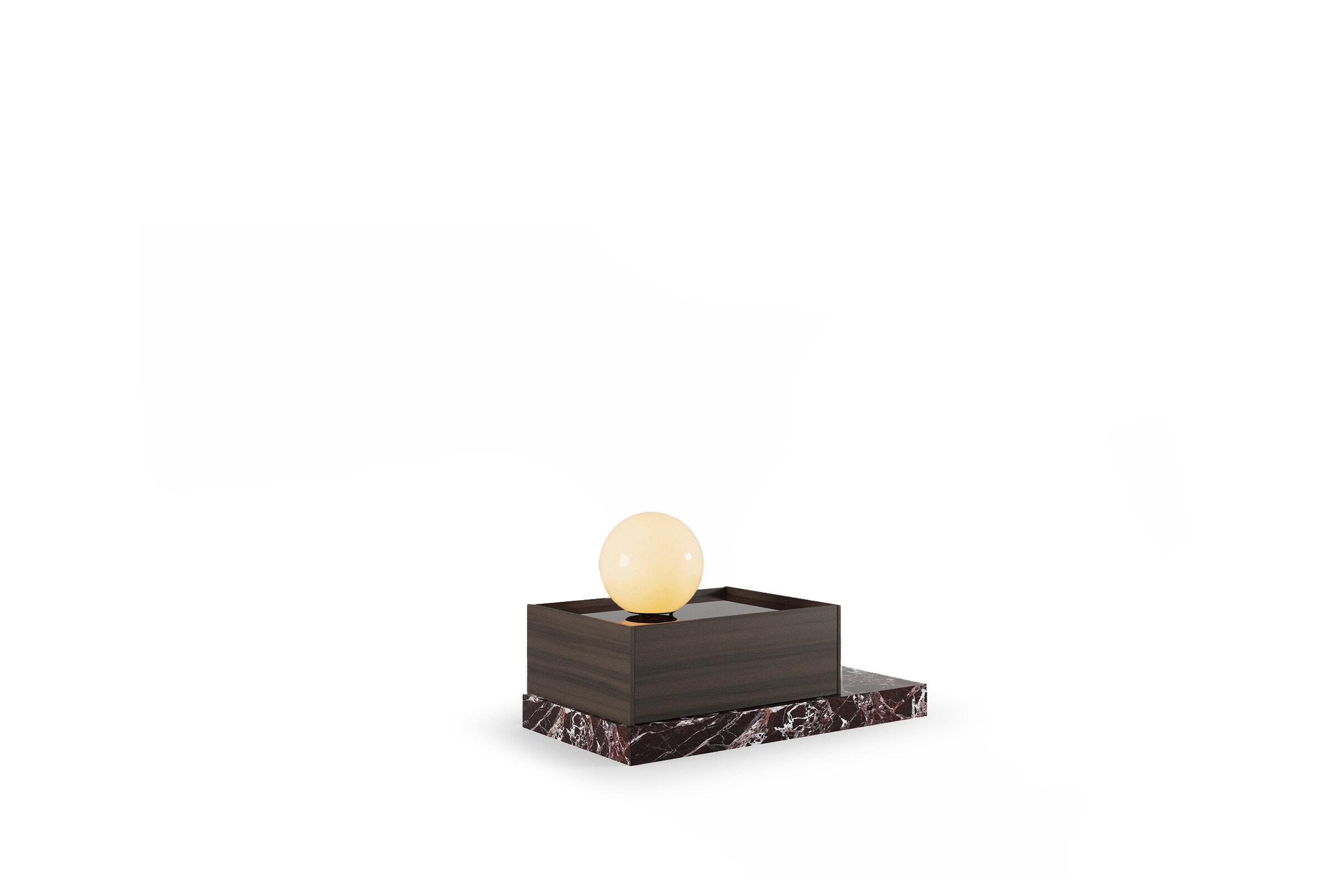 Elegant modern wooden table featuring a spherical light on top, set on a stylish marble base, ideal for contemporary interior decor.