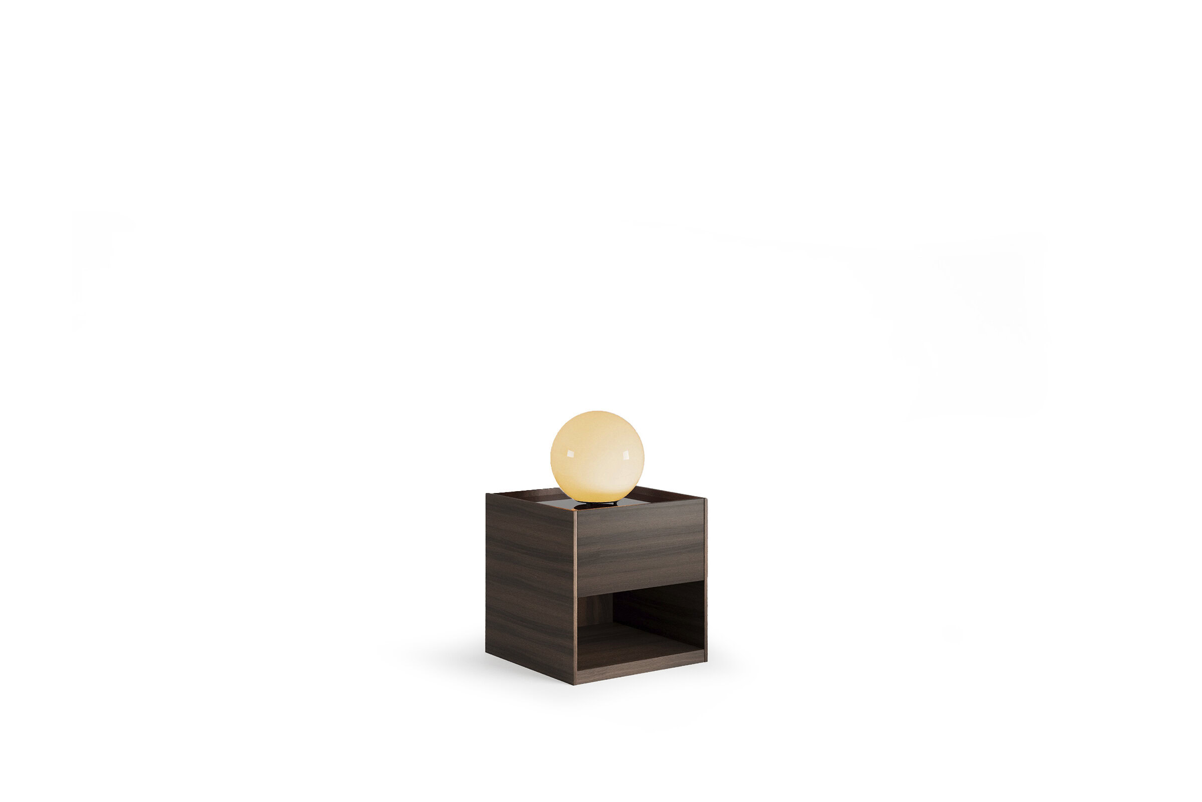 Modern wooden nightstand with spherical lamp, perfect for stylish bedroom furniture and home decor.