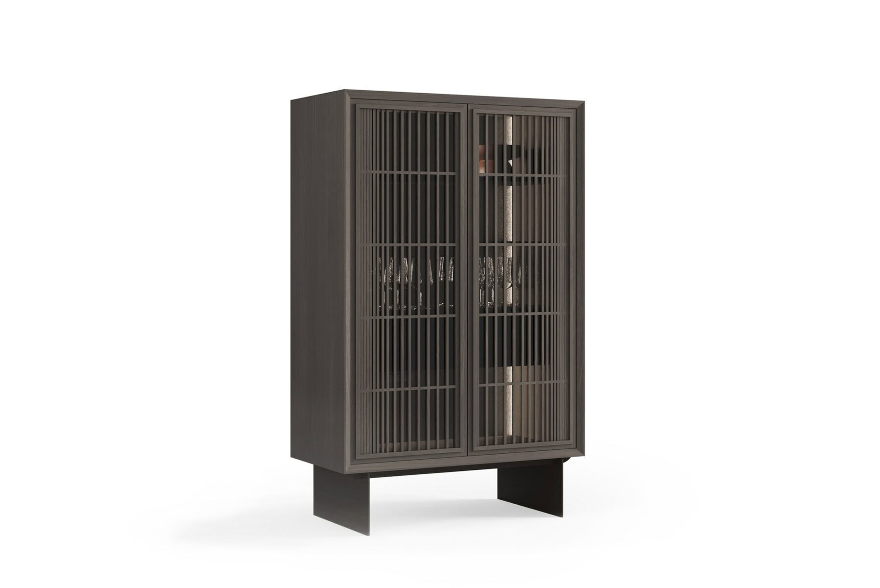 Elegant dark wood display cabinet with slatted doors, ideal for modern home decor and stylish storage solutions. Perfect for showcasing decorative pieces and collectibles.