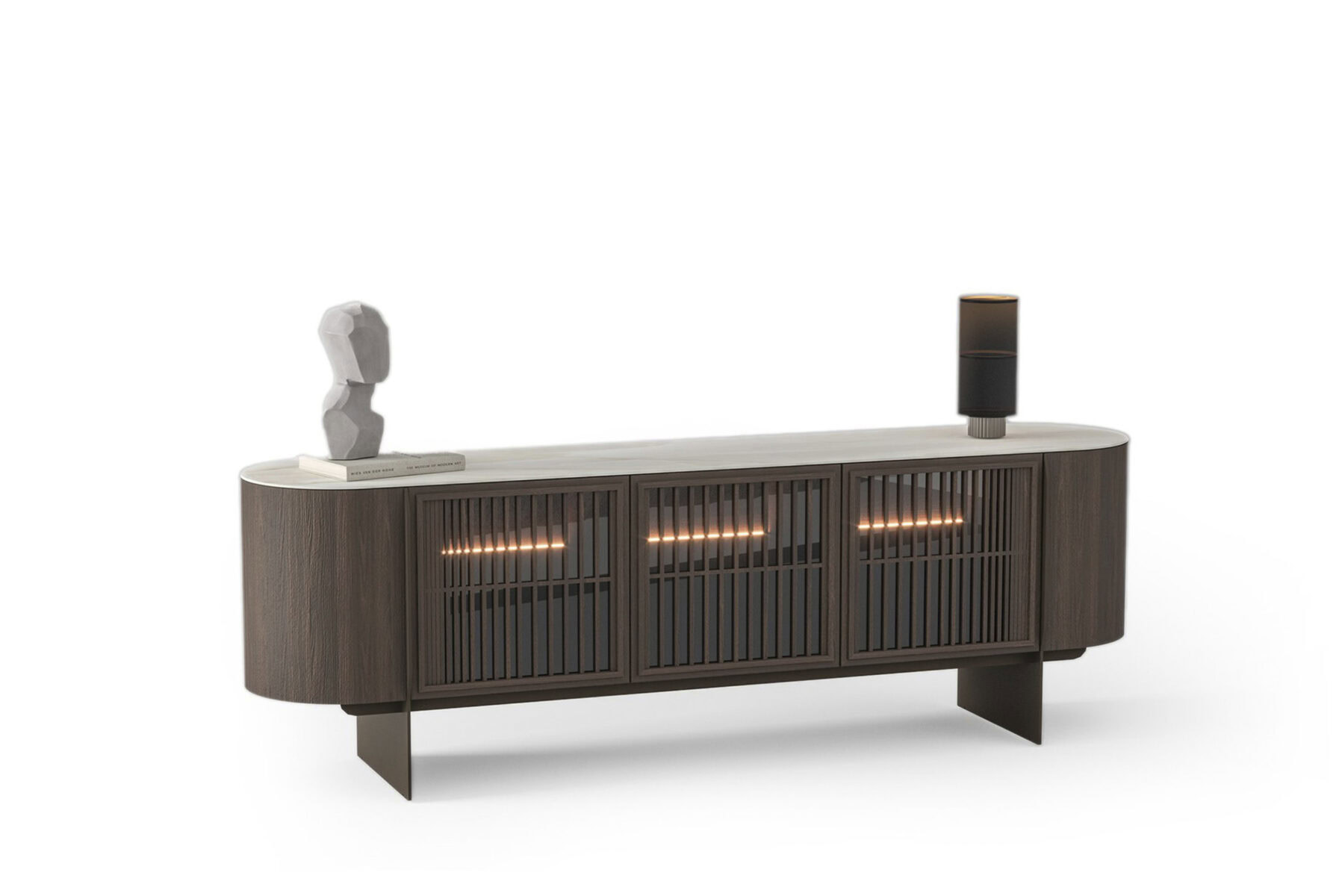 Sleek modern wooden sideboard with slatted sliding doors, warm integrated lighting, and minimalist design, ideal for contemporary living room or dining area decor.