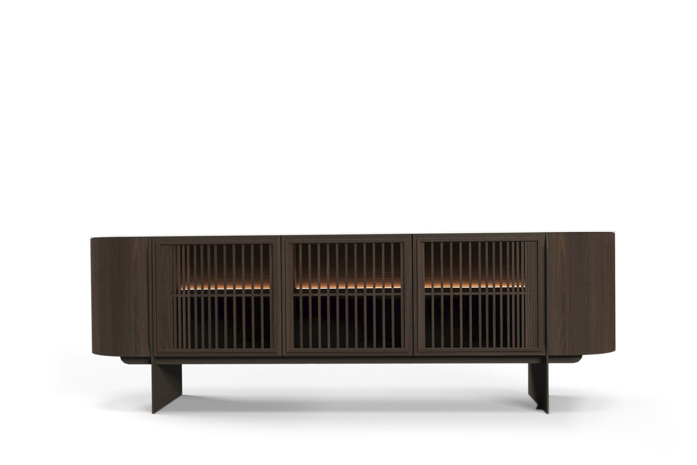 Sleek dark wood modern media console with slatted doors and integrated lighting, perfect for stylish living room furniture and entertainment centers.