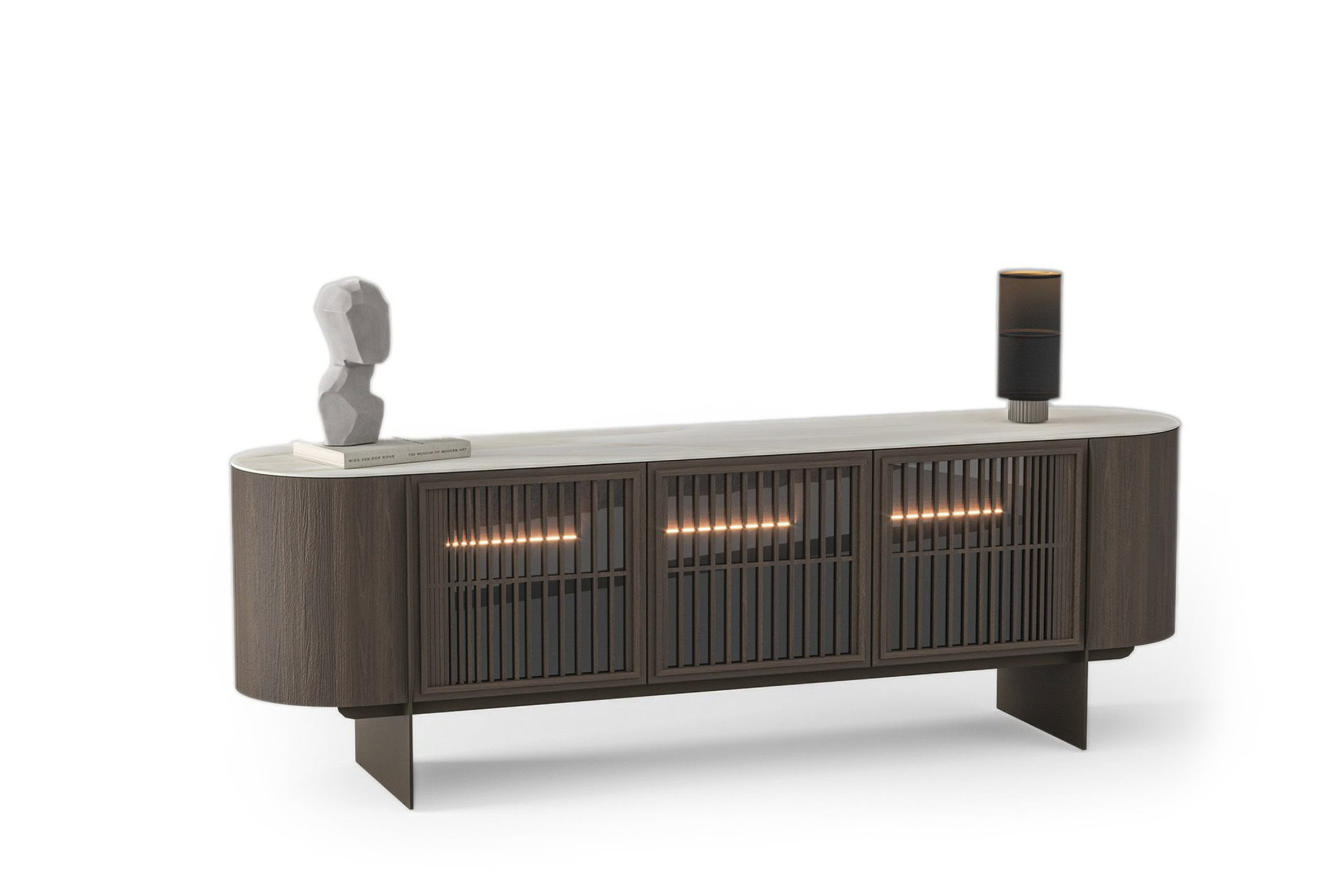 Sleek modern wooden TV console with slatted doors and integrated warm lighting, ideal for contemporary living room decor.