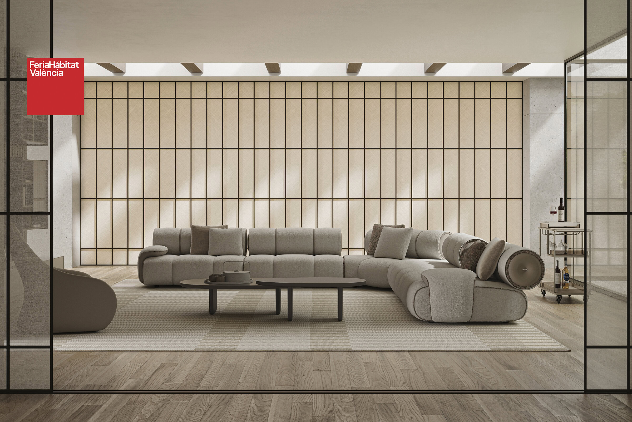 Luxurious modern beige sectional sofa with cozy cushions in a stylish living room setting. Perfect for contemporary living spaces, combining comfort and elegant design.